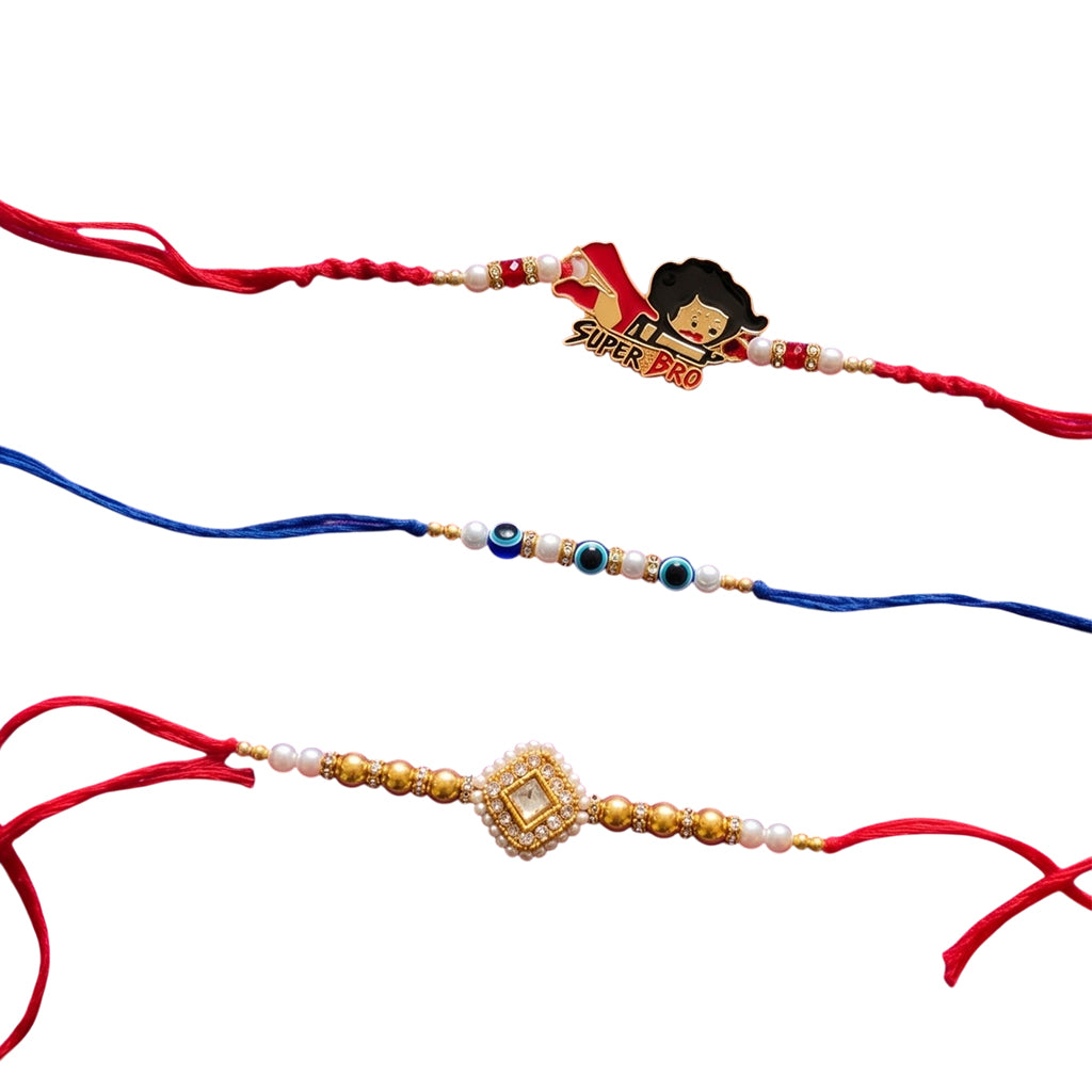 Ribbon Candy Set of 3 Rakhi-Kundann, Evil Eye, and 'Super Bro' Charm – Gold & Red