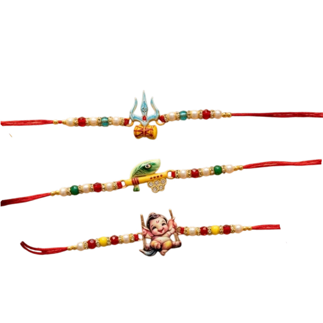 Ribbon Candy Set of 3 Rakhi-Handmade Lord Ganesha, Trishul and Peacock Feather Charms- Red