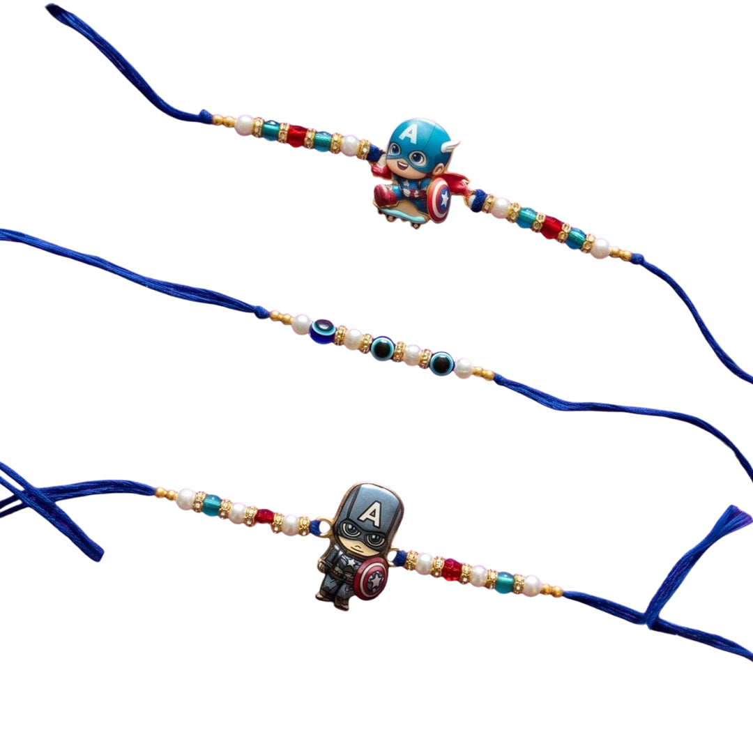 Ribbon Candy set of 3 Rakhi-Cartoon Charms and Evil Eye Beads- Blue