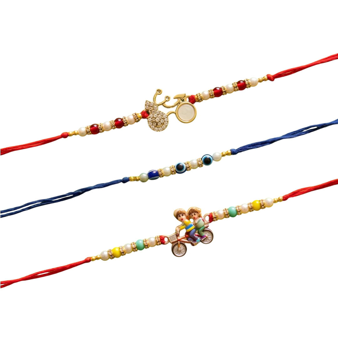 Ribbon Candy set of 3 Rakhi-Cartoon Charms and Evil Eye Beads- Blue, Red