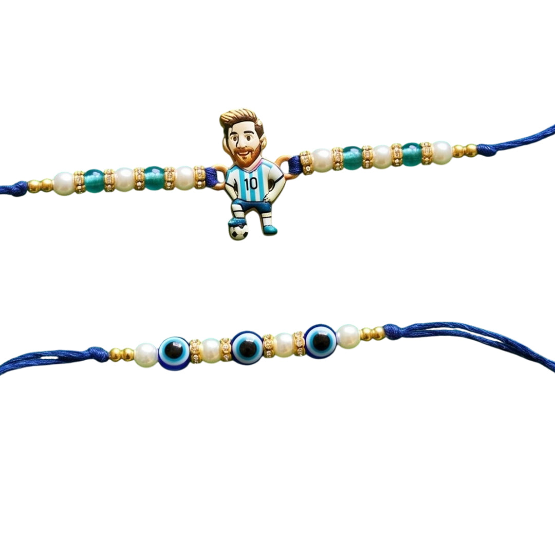 Ribbon Candy set of 2 Rakhi-Football Player Charm and Evil Eye Beads- Blue