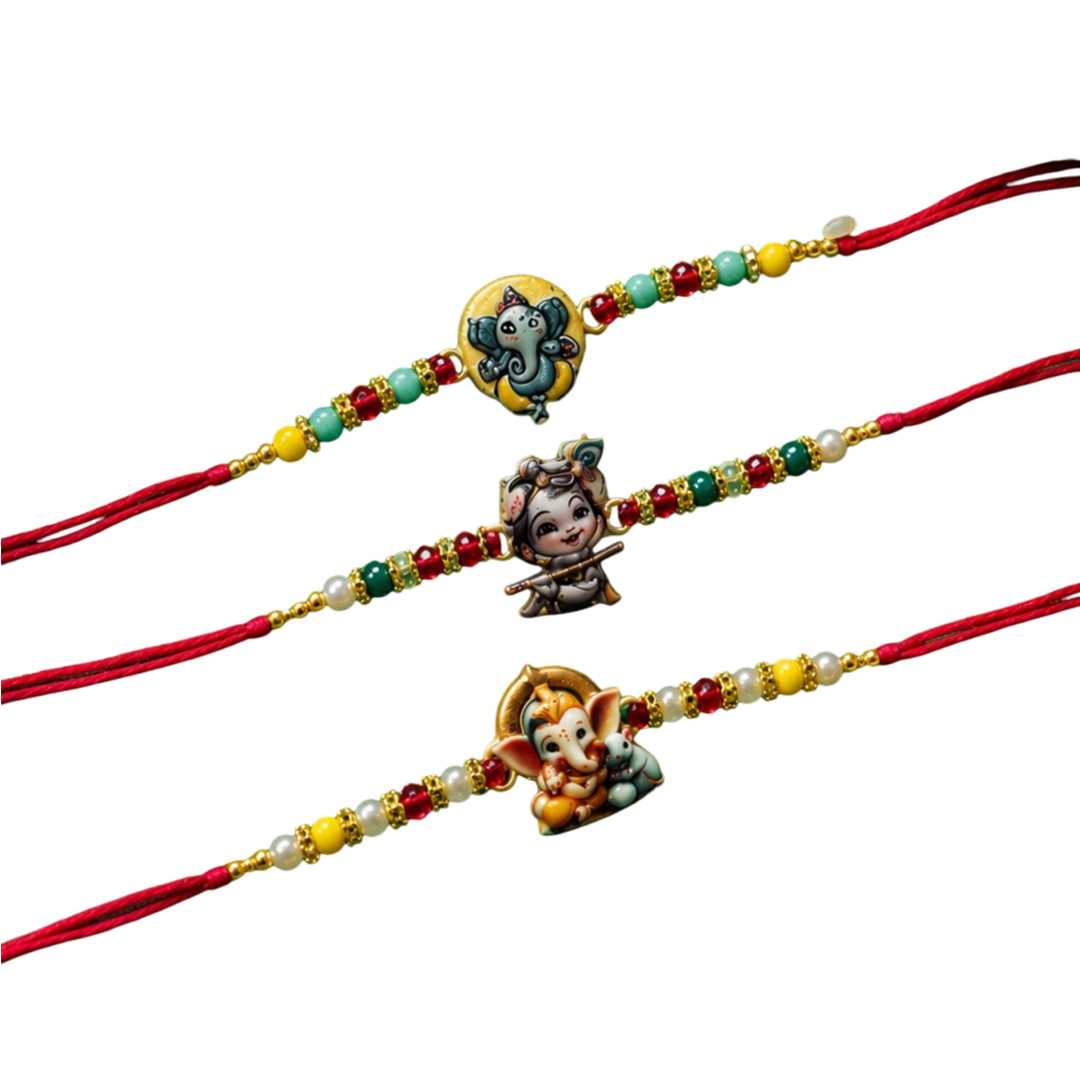 Ribbon Candy set of 3 Rakhi-Ganesha and Krishna Charms- Red