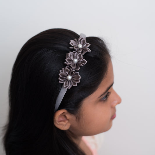 Triple Satin Flower Hairband with Pearl Detailing - Grey