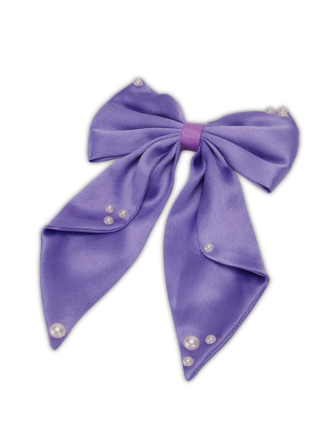 Big fancy satin bow on alligator clip embellished with pearls - Purple