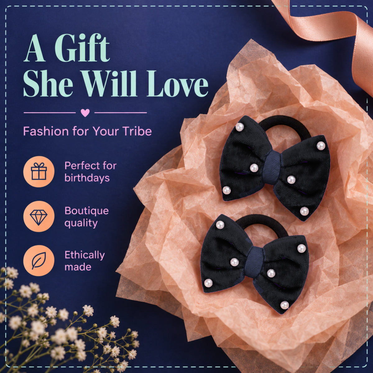 Velvet bow on rubberbands with pearls - Black