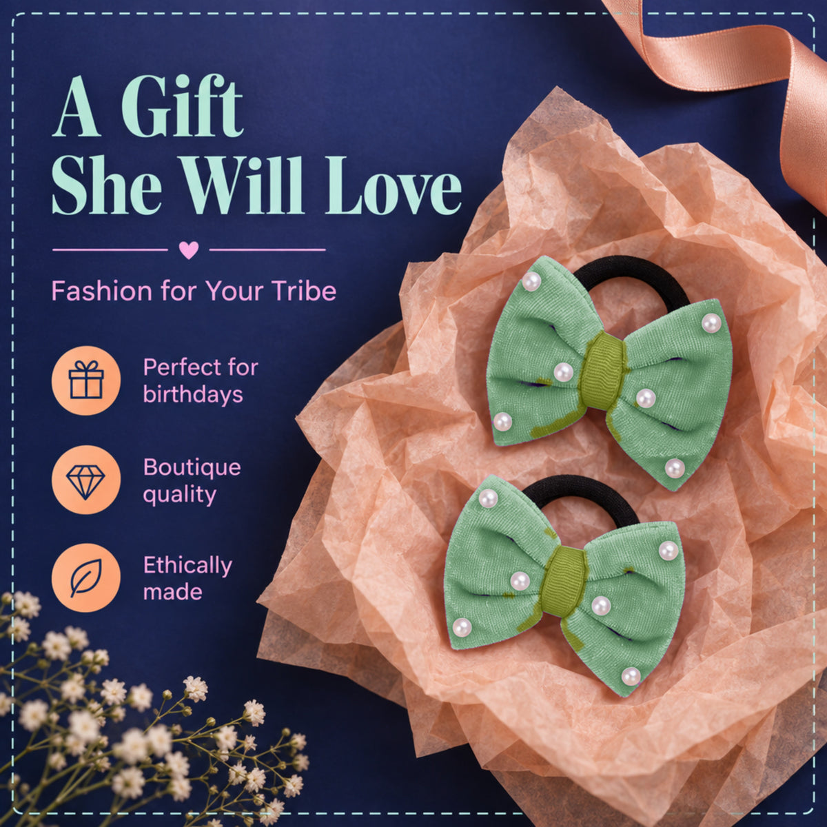 Velvet bow on rubberbands with pearls - Olive green