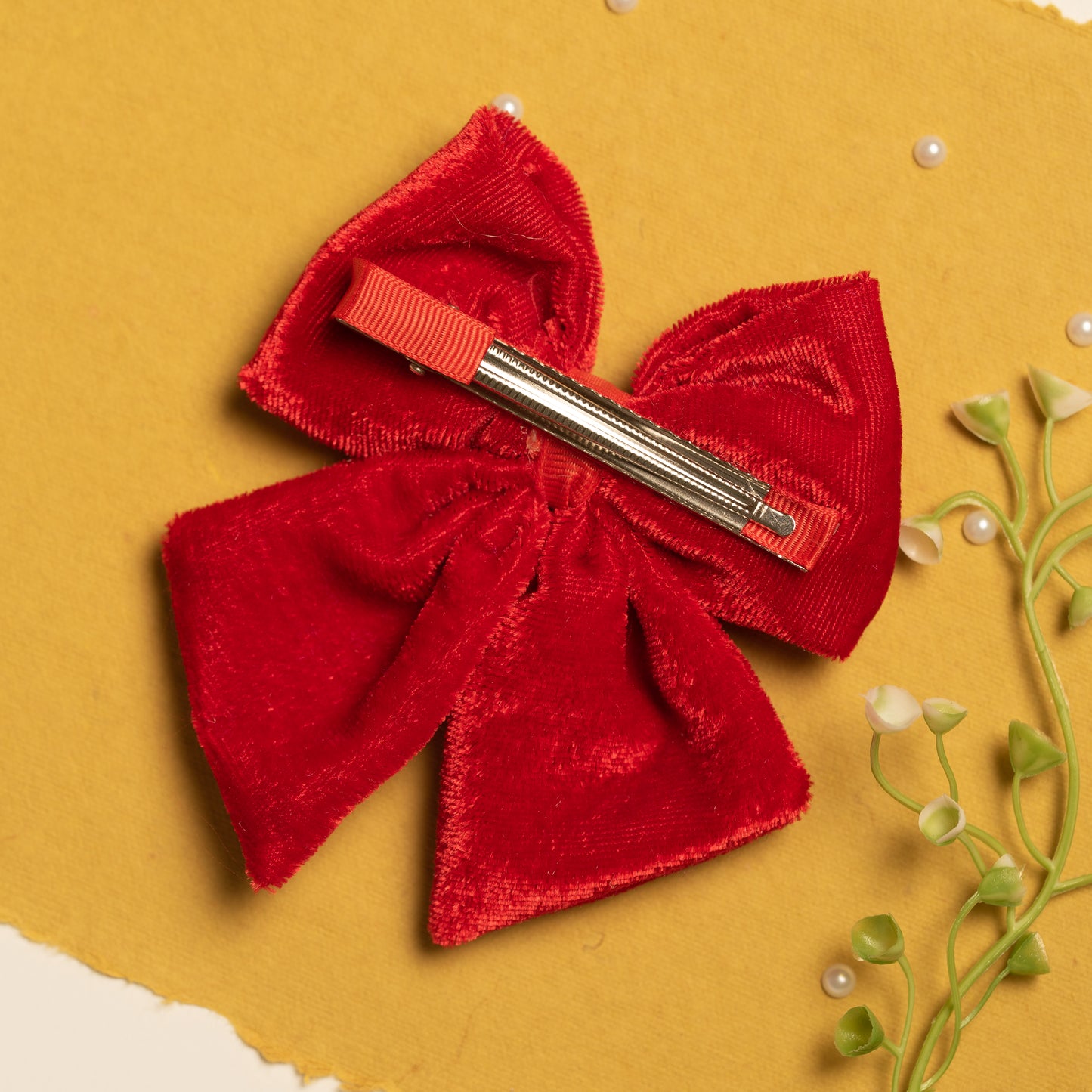 Ribbon Candy - Velvet Party Bow With Pearl Detailing on Alligator Pin - Red