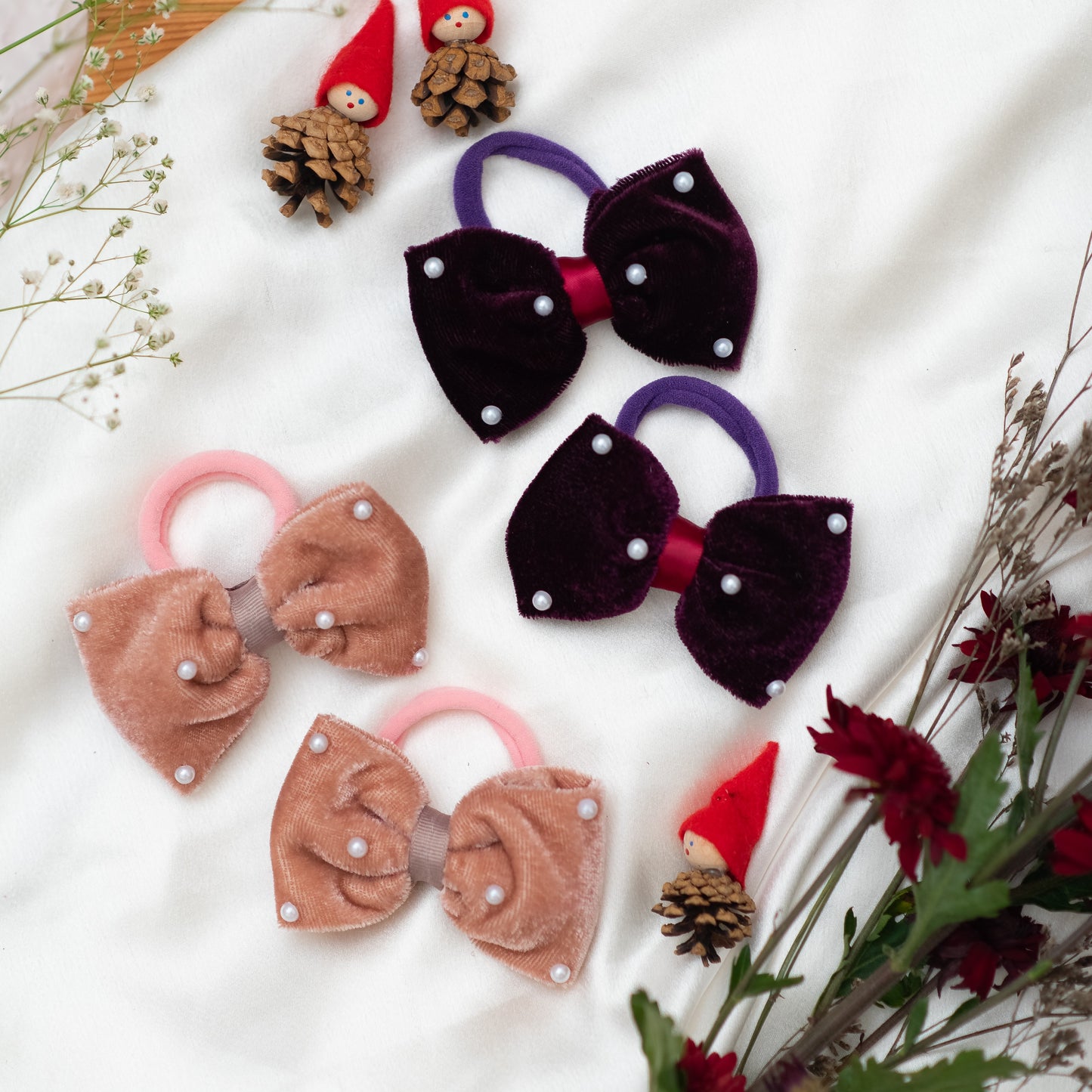 Festive plush velvet bows on rubberbands with pearls embellishment - Magenta and Dusty Pink