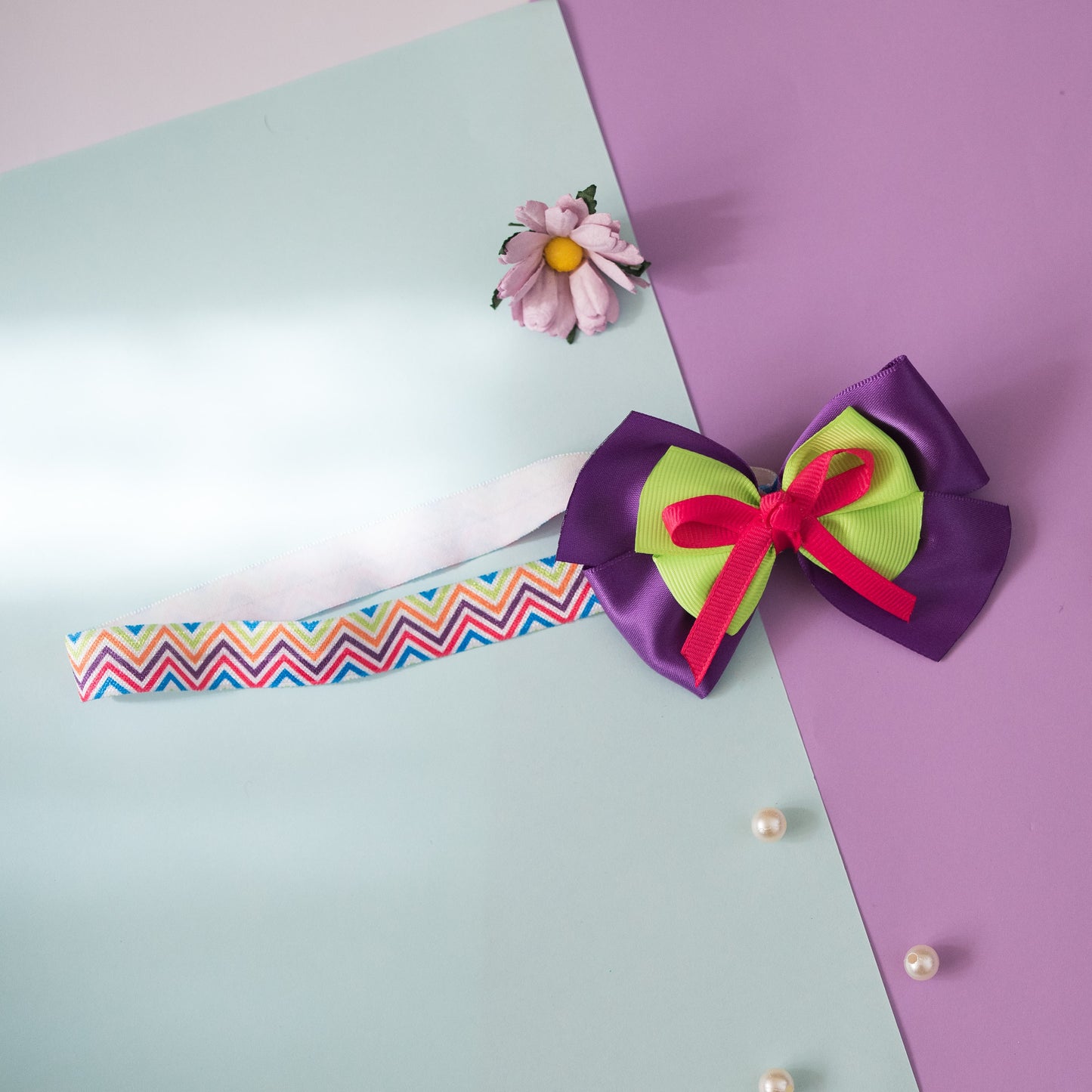 Ribbon Candy - Triple Bow on Stretchy Band - Purple, Green and Pink