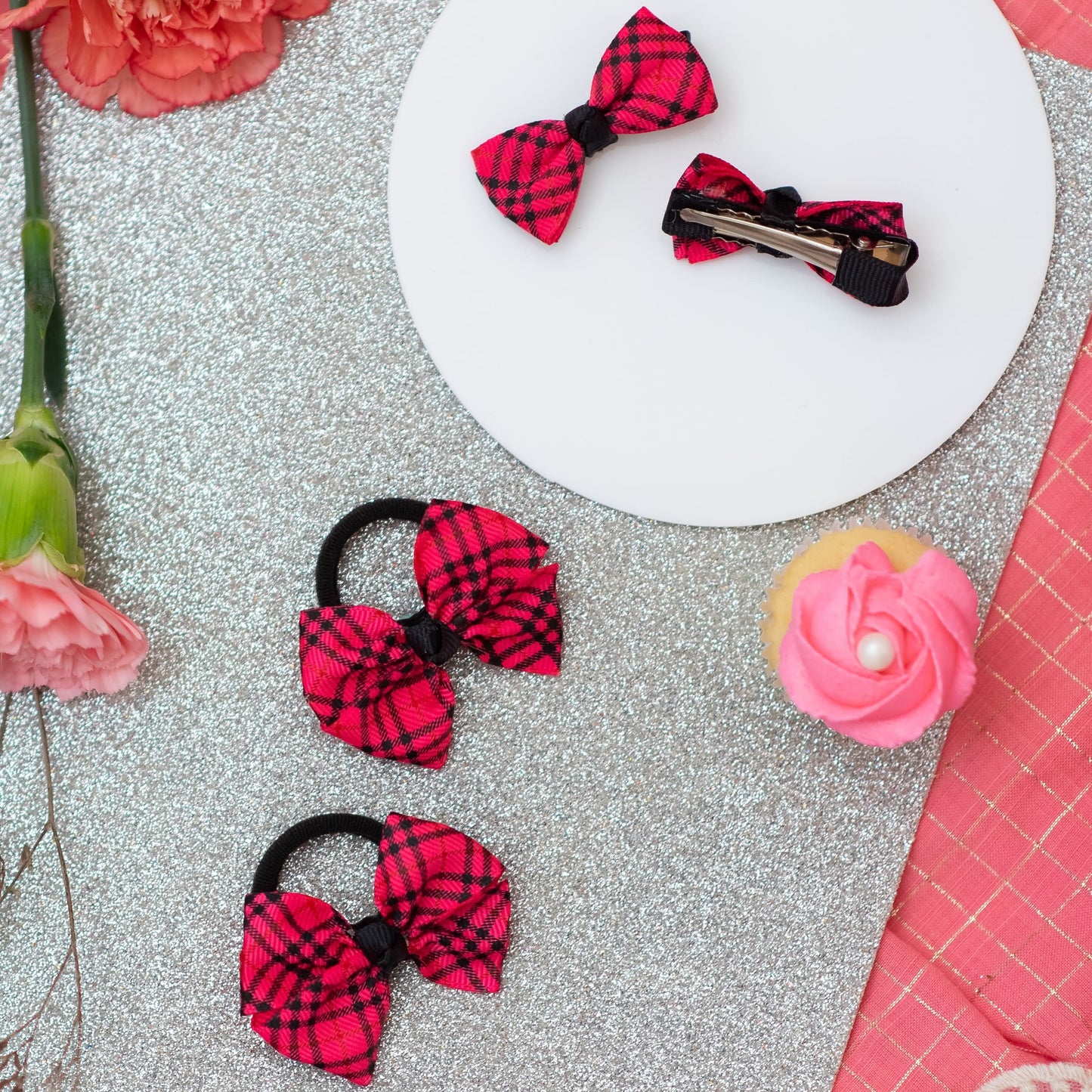 Ribbon Candy- Combo: Christmas checkered bow alligator clips and rubberbands- Pink (Set of 2 pairs - 4 quantity)