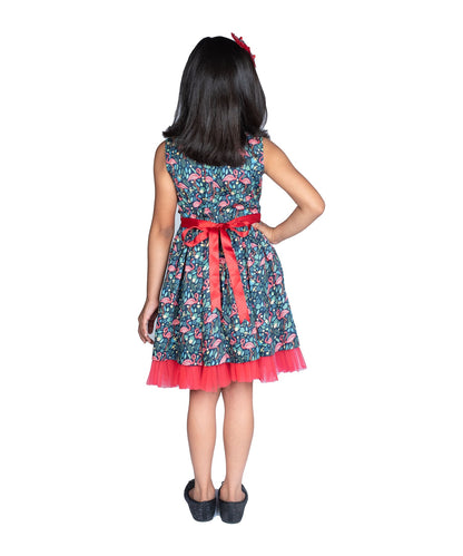 Flamingo Print  Fit and Flare Dress With  Sleevless