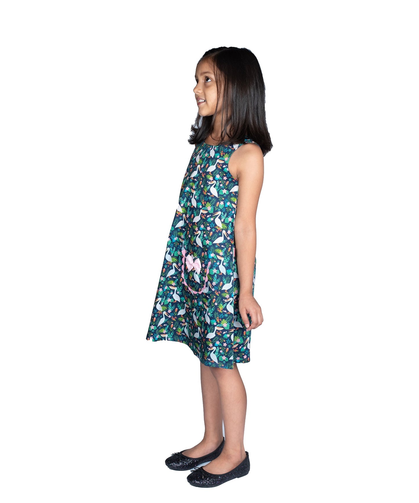 Egret tropical Print  Shift Dress with Sleeveless sleeves and  Tow Pockets