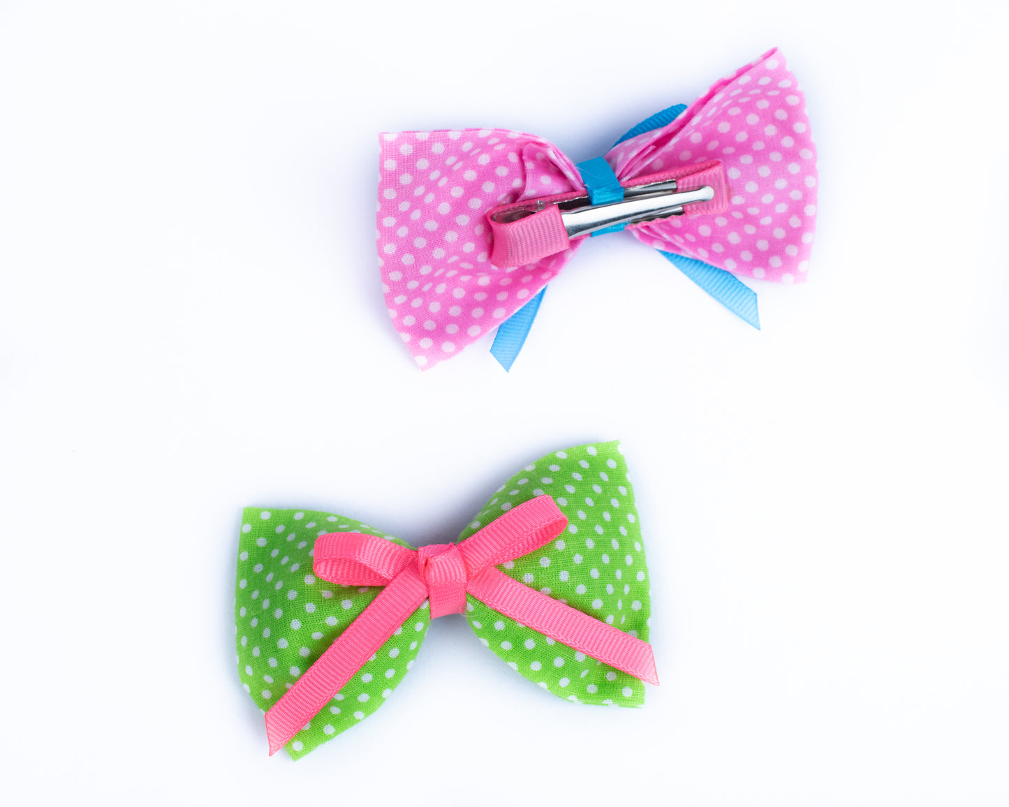 Cute Polka Dot Double Bow Alligator Clips - Light Pink and Green