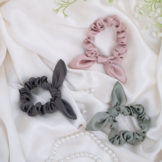 Ribbon Candy- Combo of 3 Scrunchies with tie knot detailed- Dusty pink, Gray, Olive Green