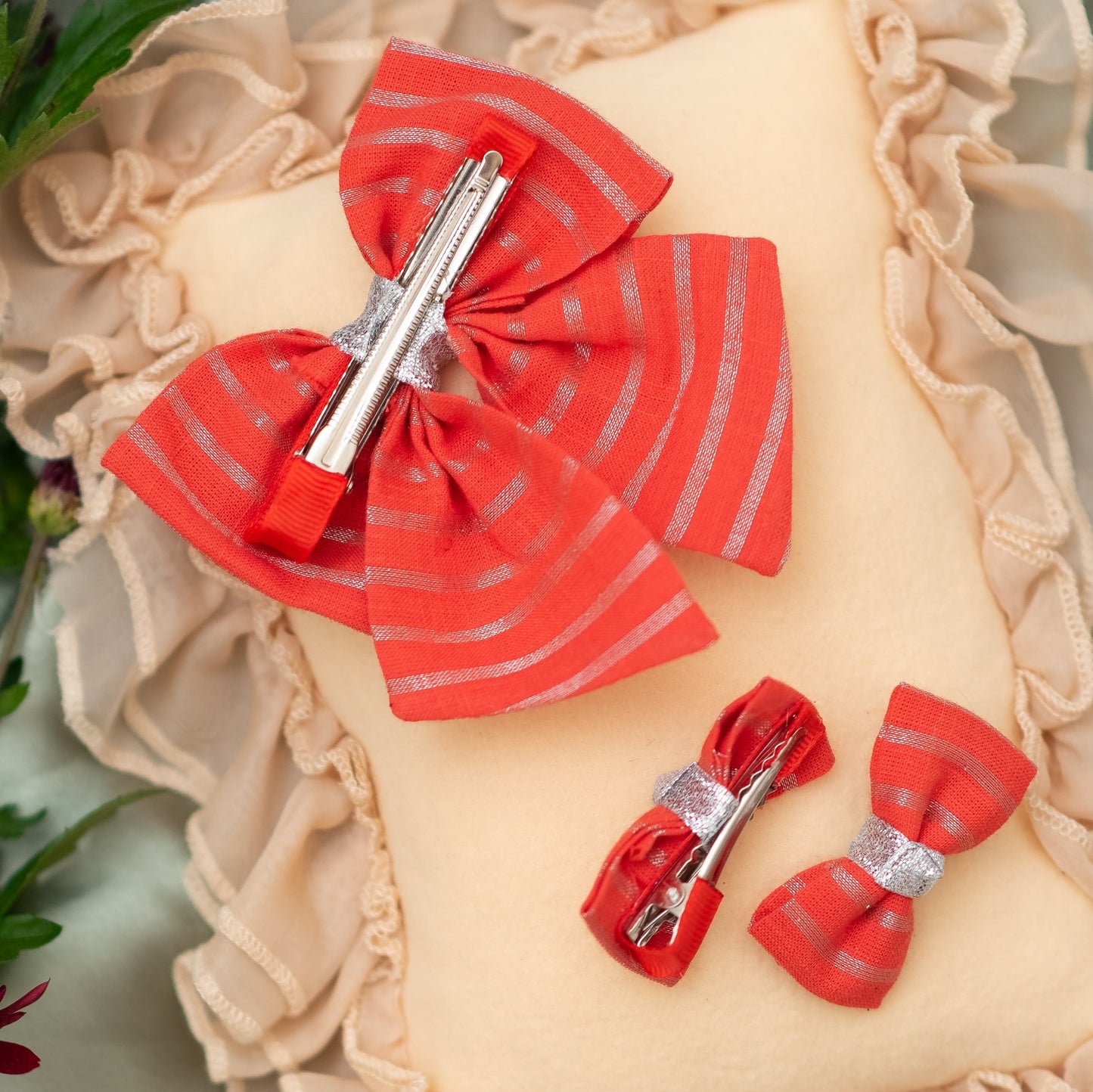 Christmas large bow with sliver stripes on alligator clilp along with pair of delicate silver stripped bows on alligator clips- Red (Set of 1 pair and 1 single bow - 3 quantity)