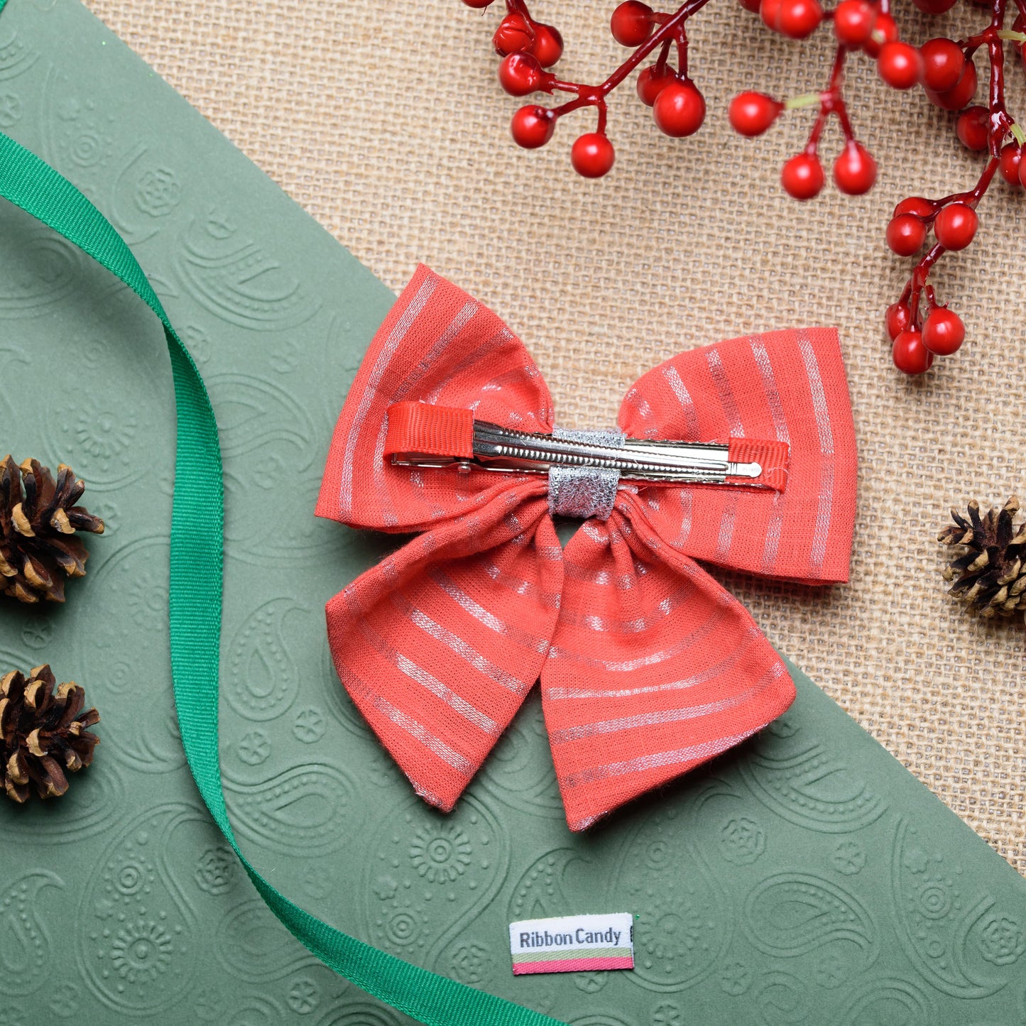 Cute Silver Striped Fabric Bow on Alligator Clip - Red