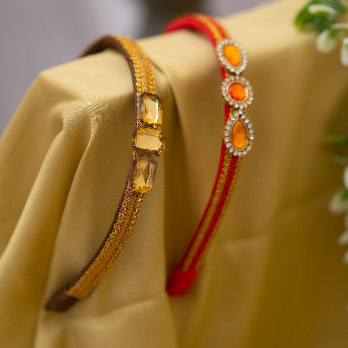 Combo of trendy crystal and lace detailed hairbands- Golden and red (Set of 2 hairbands)