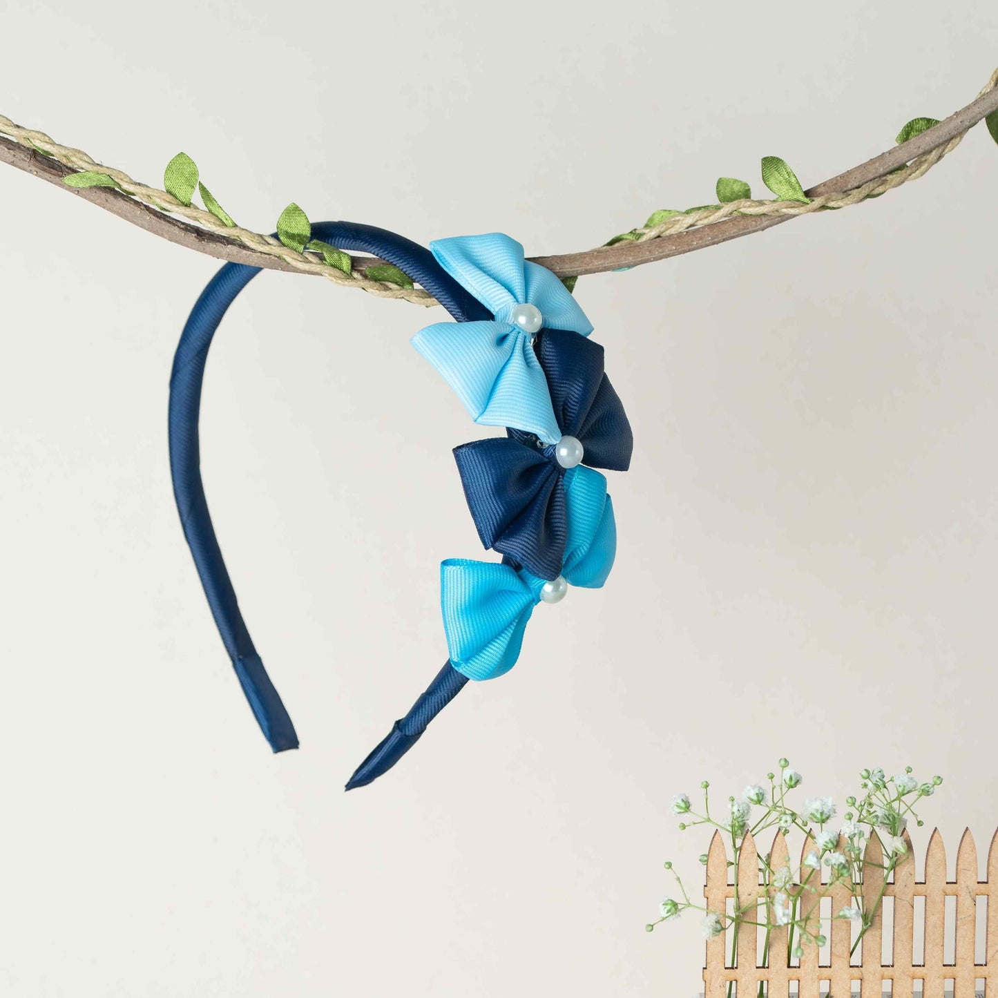 Cute Triple Grosgrain Ribbon Bow With Peal Detailed Hairband.