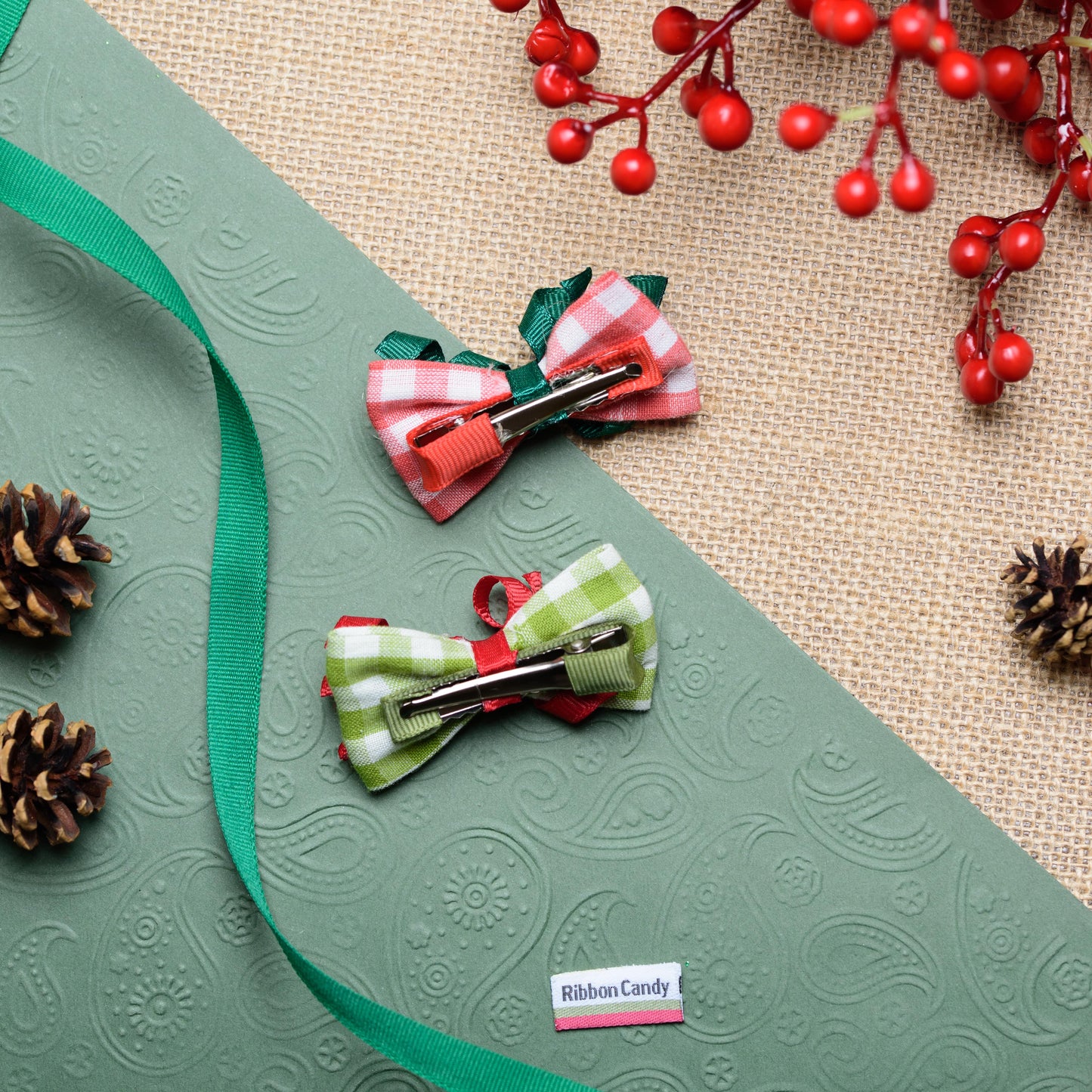 Checked Christmas Bows with Curly on Alligator Pins - Red and Green