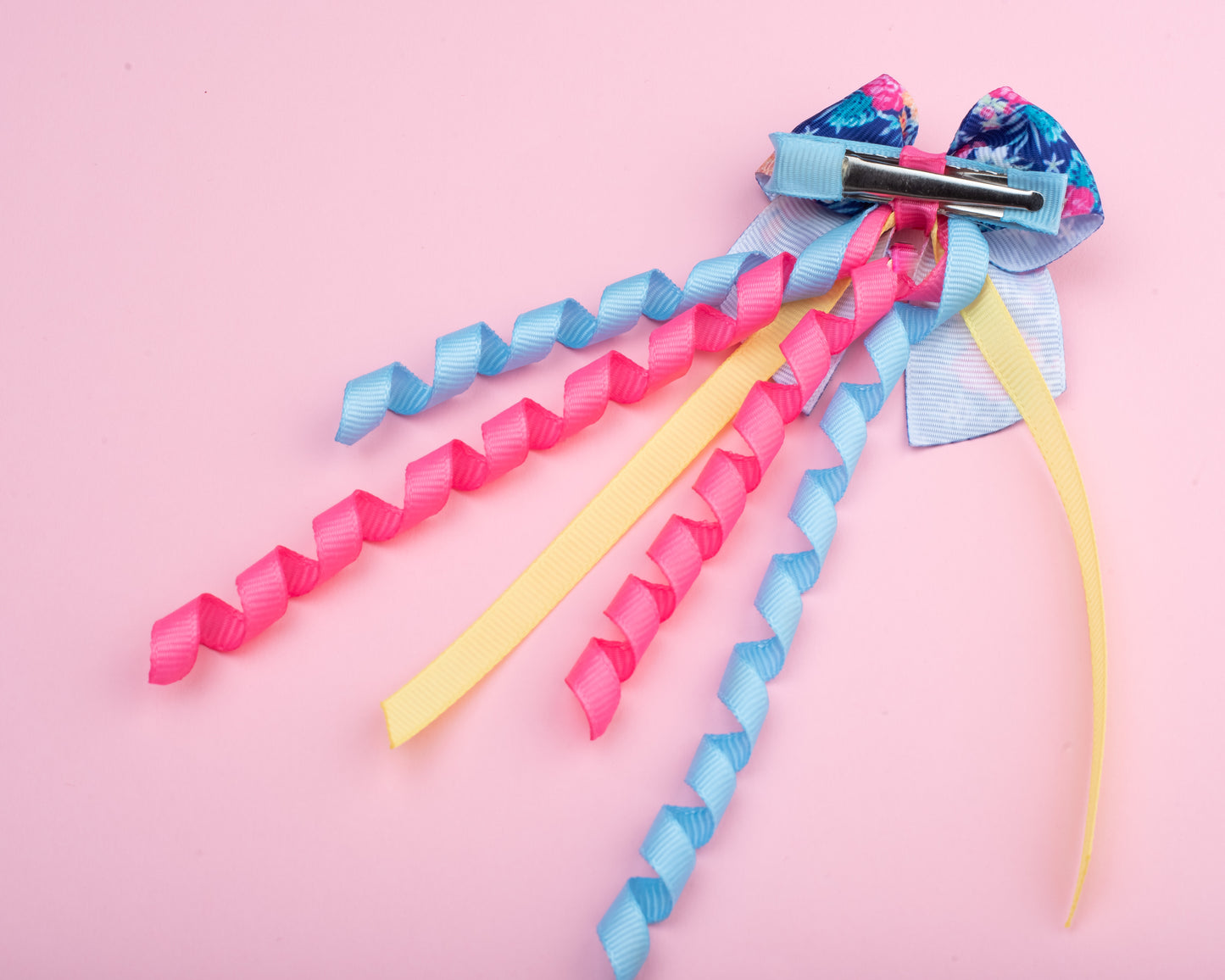 Floral Print Bow with Danglers on Alligator Pin- Blue