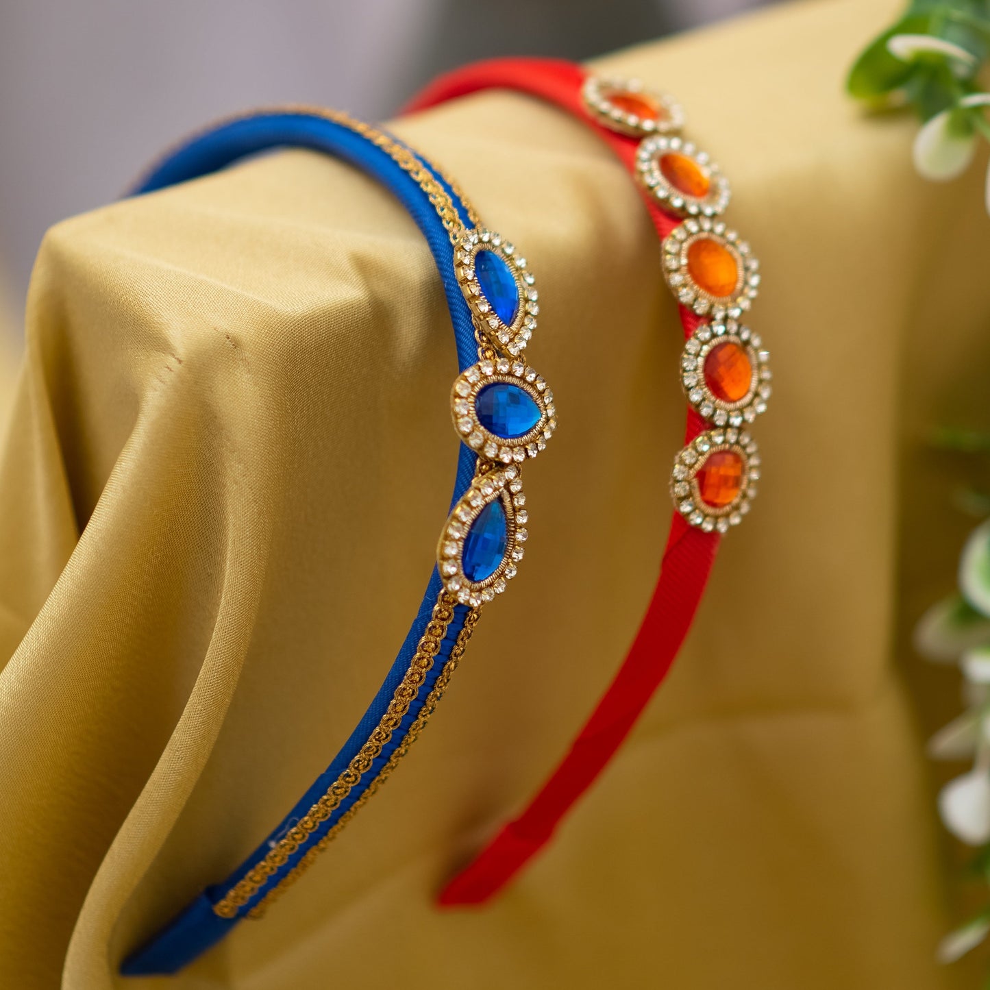 Combo of trendy crystal and lace detailed hairbands- Blue and Red (Set of 2 hairbands)