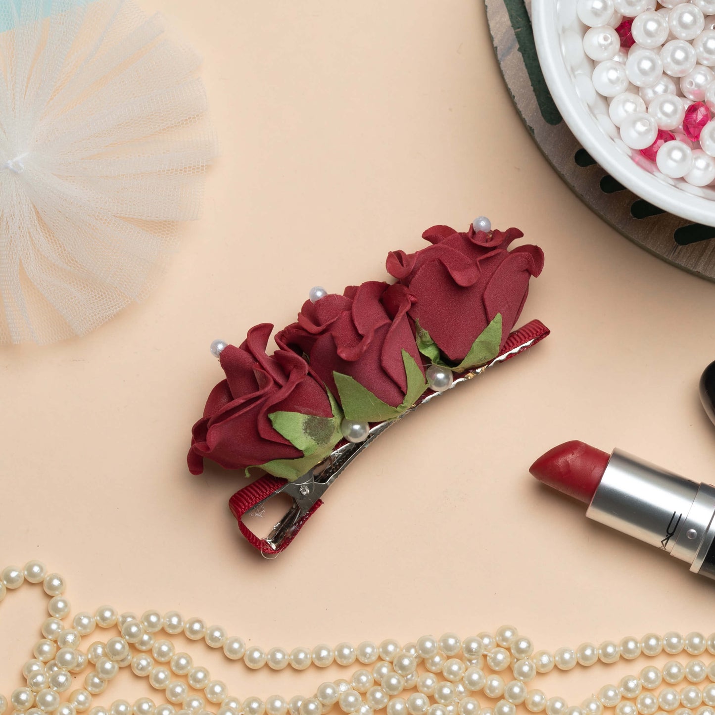 Ribbon Candy - Pearl Embellished Flowers on Alligator Hair Pin - Maroon