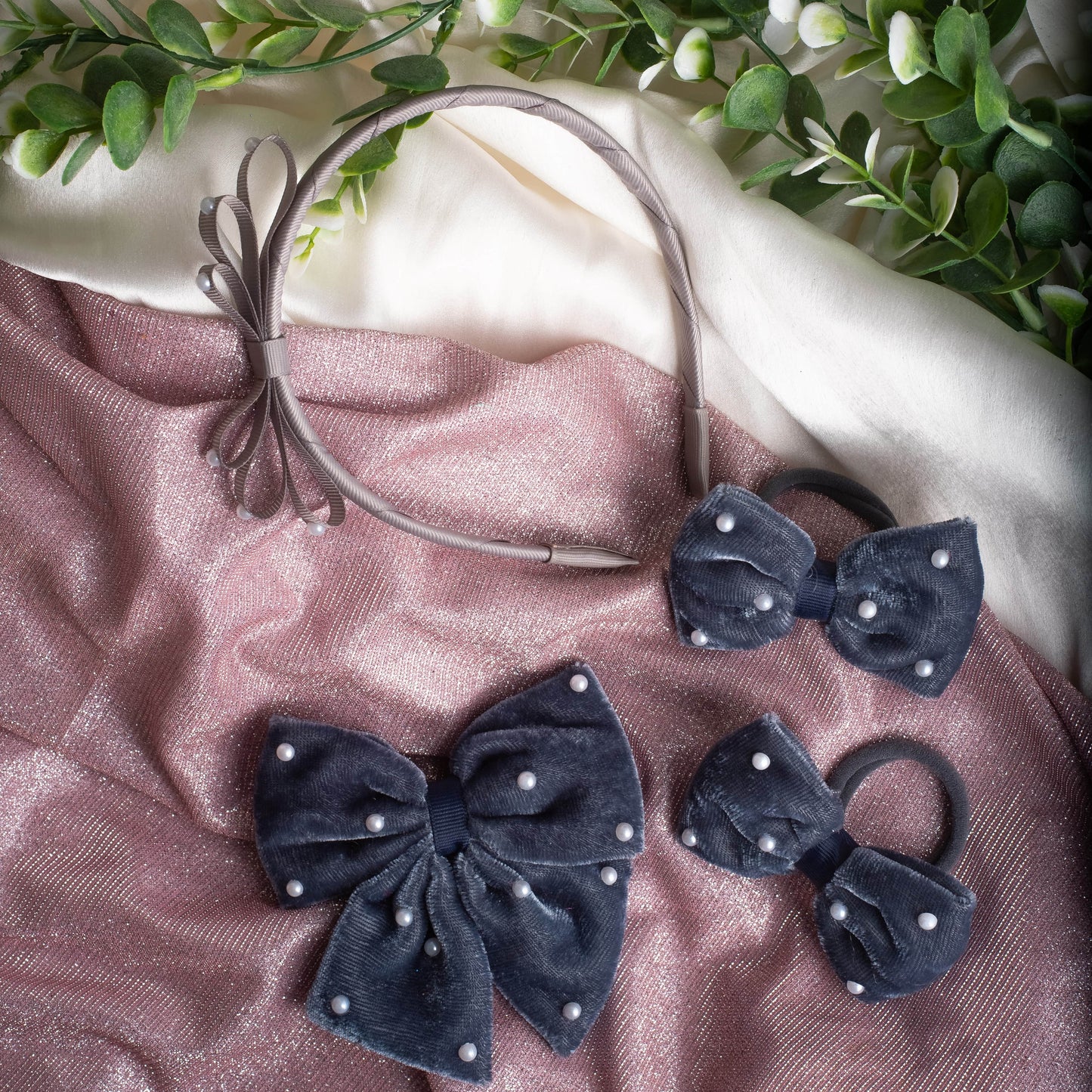 Ribbon Candy- 1 Velvet bow on aliigator clip , 1 pair rubberbands (2 nos) and 1 loopy hairband with pearl detail combo- Gray