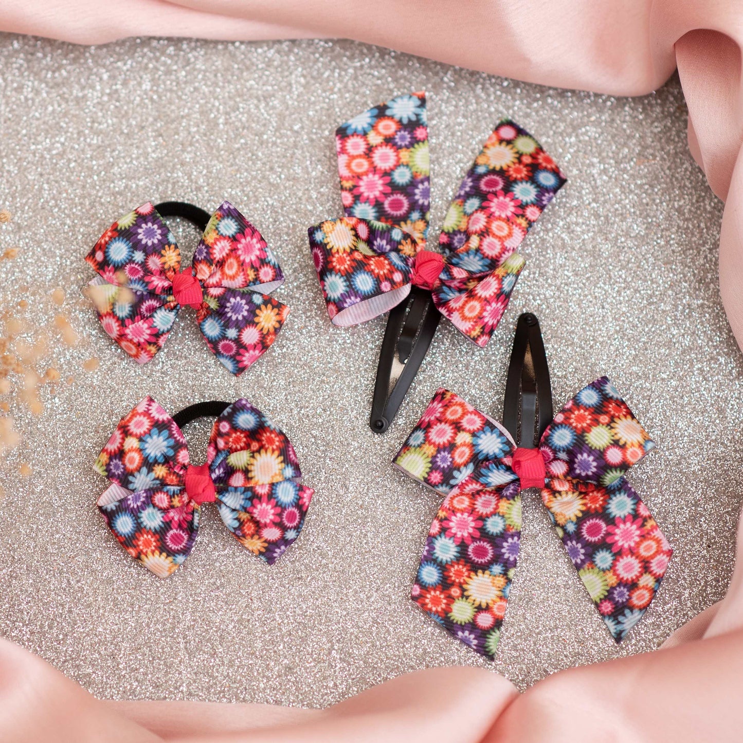 Combo: Floral printed bow on tic-tac pins and rubberbands - Black, Pink and Purple