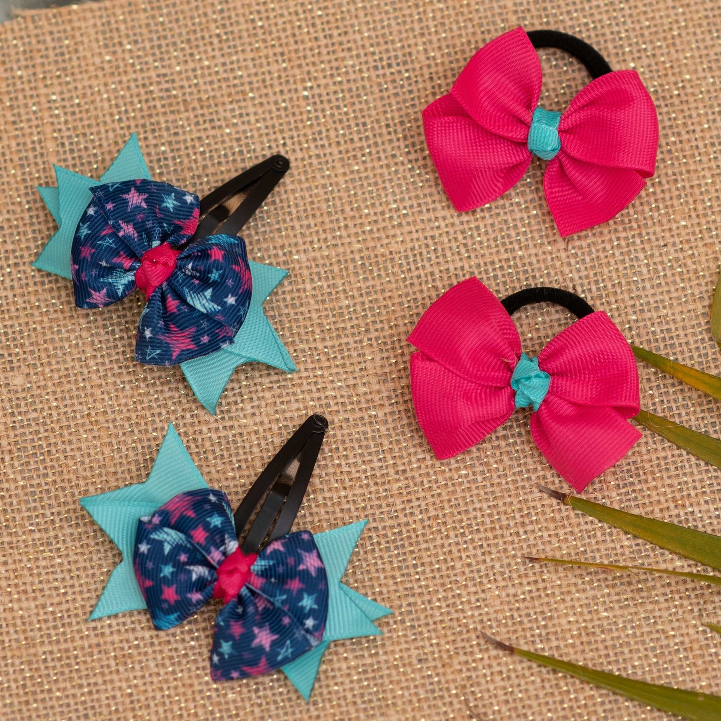 Combo: Adorable printed bow on tic-tac pins and plain bow rubberbands - Navy blue, Pink and Sea green