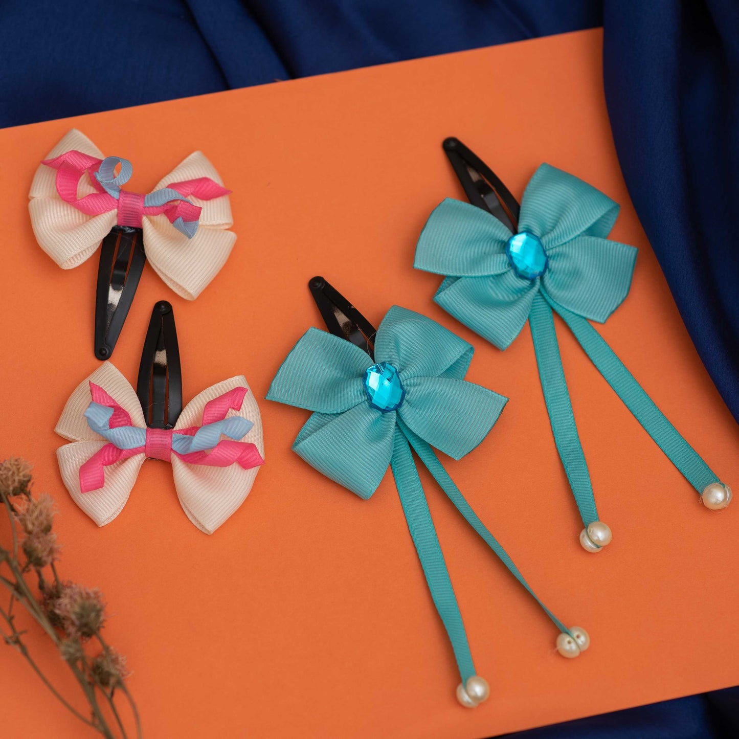 Combo: Set of 2 tic-tac pins combo, one of elegant danglers with pearls embellished and second one adorable bow with curly on tic-tac pins - Sea gree and Off white