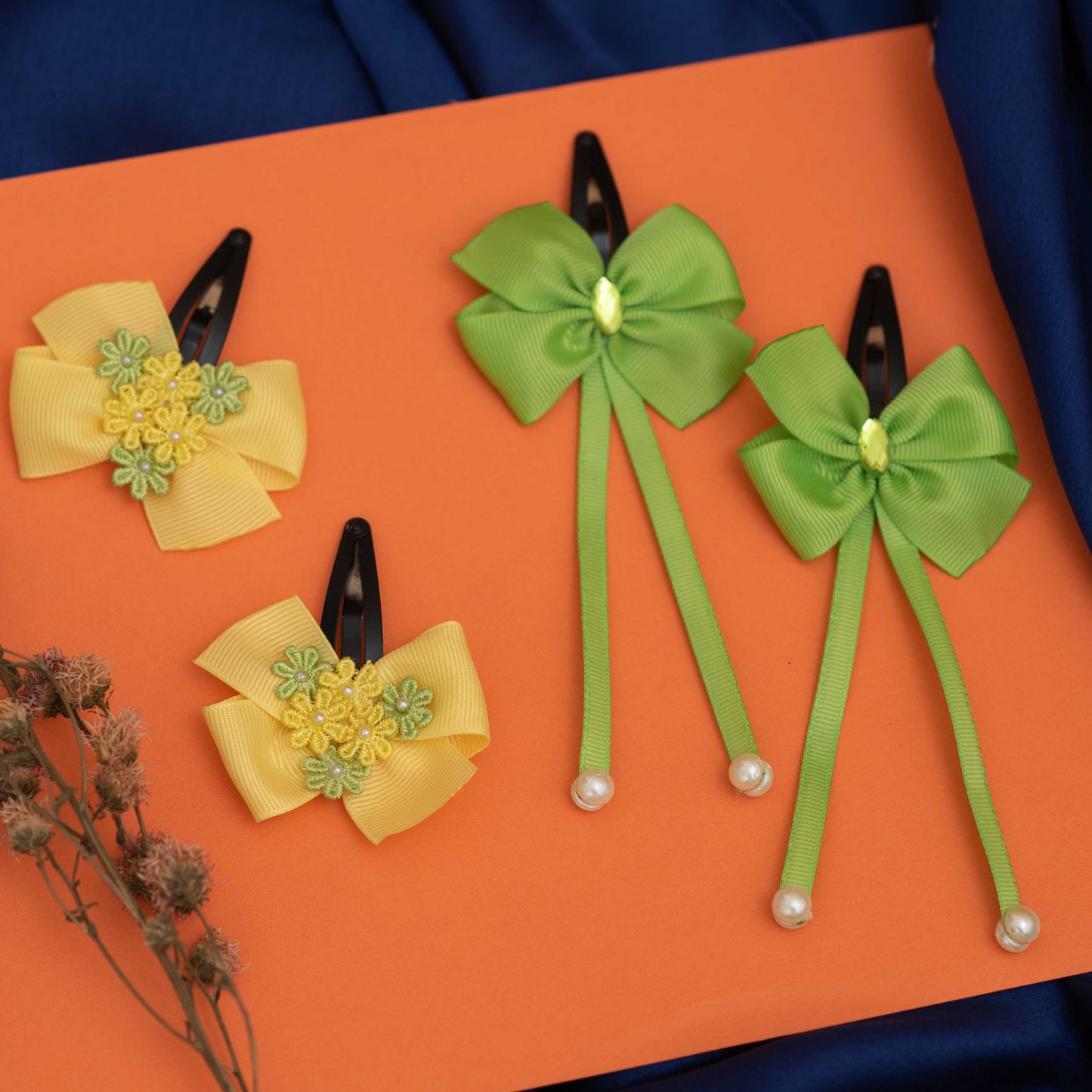 Combo: Set of 2 tic-tac combo,one of elegant danglers with pearls embellished and second one adorable bow with decorated flower on tic-tac pins - Yellow and Green