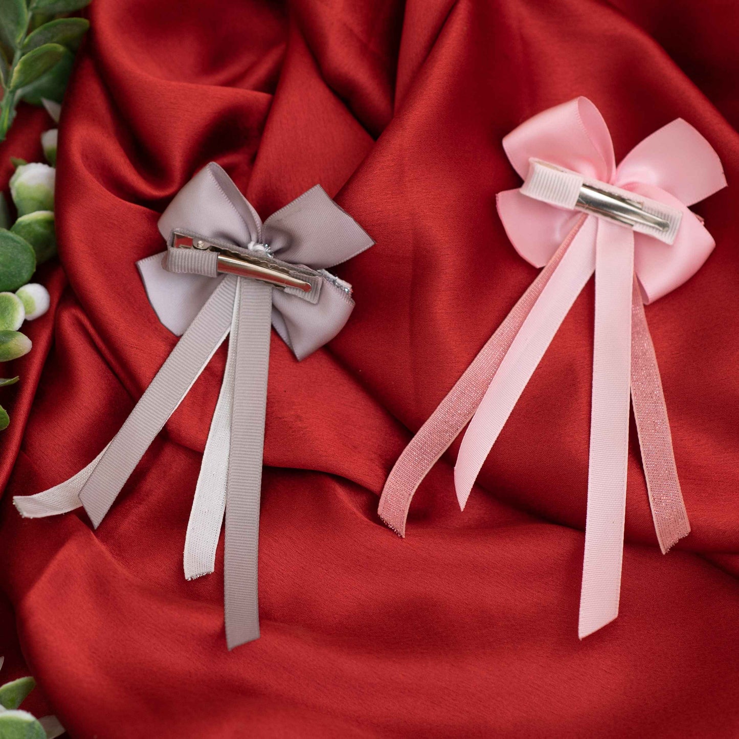 Combo: Set of 2 dangler alligator clips - Pink and Grey ( 2 single bow - 2 quantity)