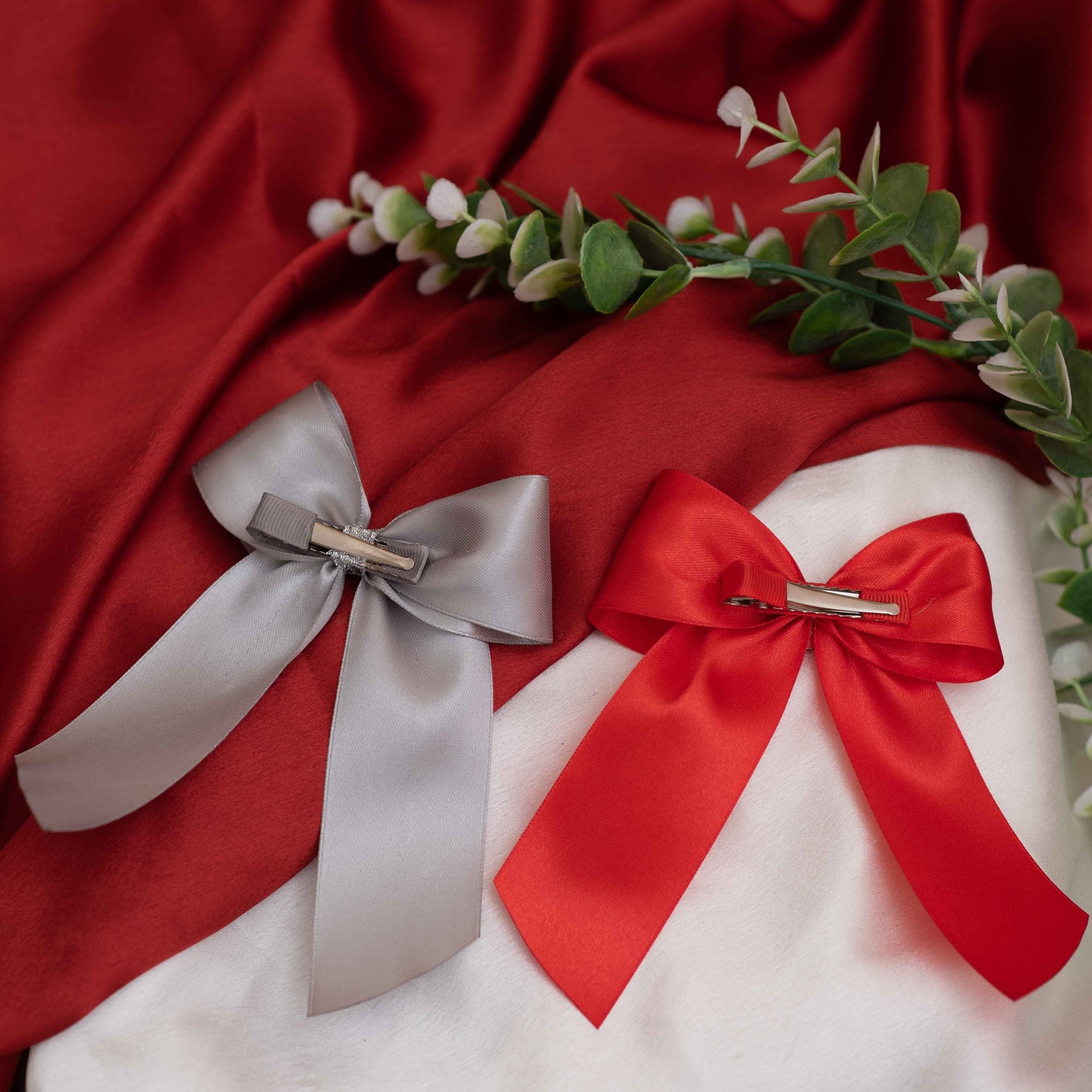 Combo: Set of 2 satin big bow on alligator clips - Grey and Red