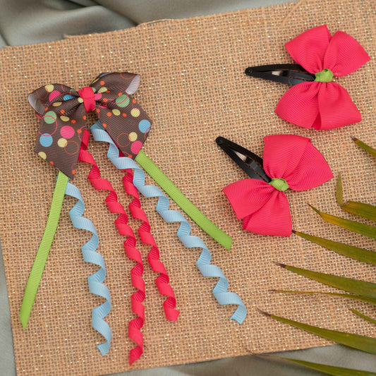 Combo: Cute dangler on alligator clip along with cute and fancy bow on tic-tac pins - Pink, Brown