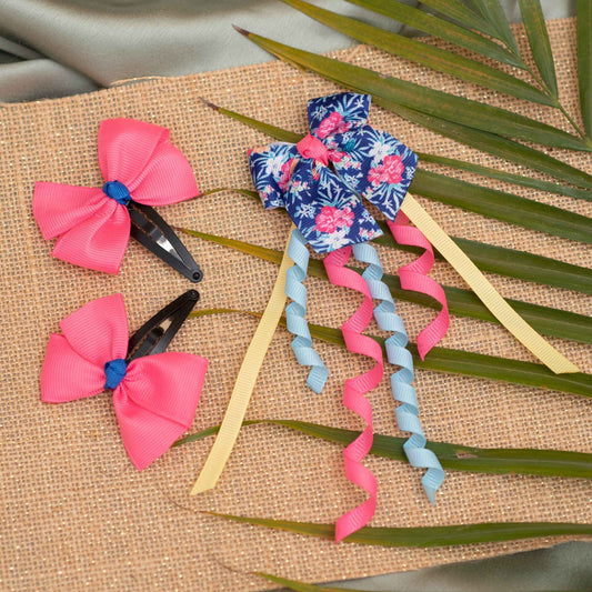 Combo: Cute dangler on alligator clip along with cute and fancy bow on tic-tac pins - Blue and Pink