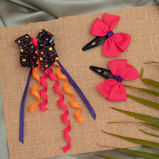 Combo: Cute dangler on alligator clip along with cute and fancy bow on tic-tac pins - Black, Blue and Pink