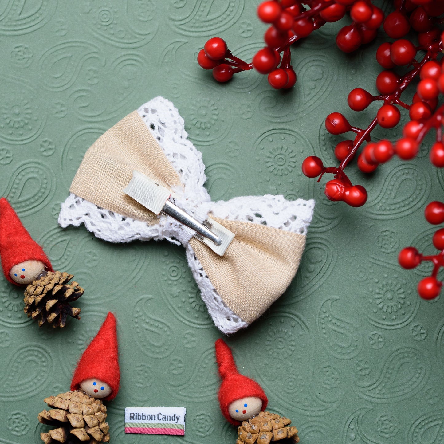 Bow With Cotton Lace on Alligator Clip - Beige