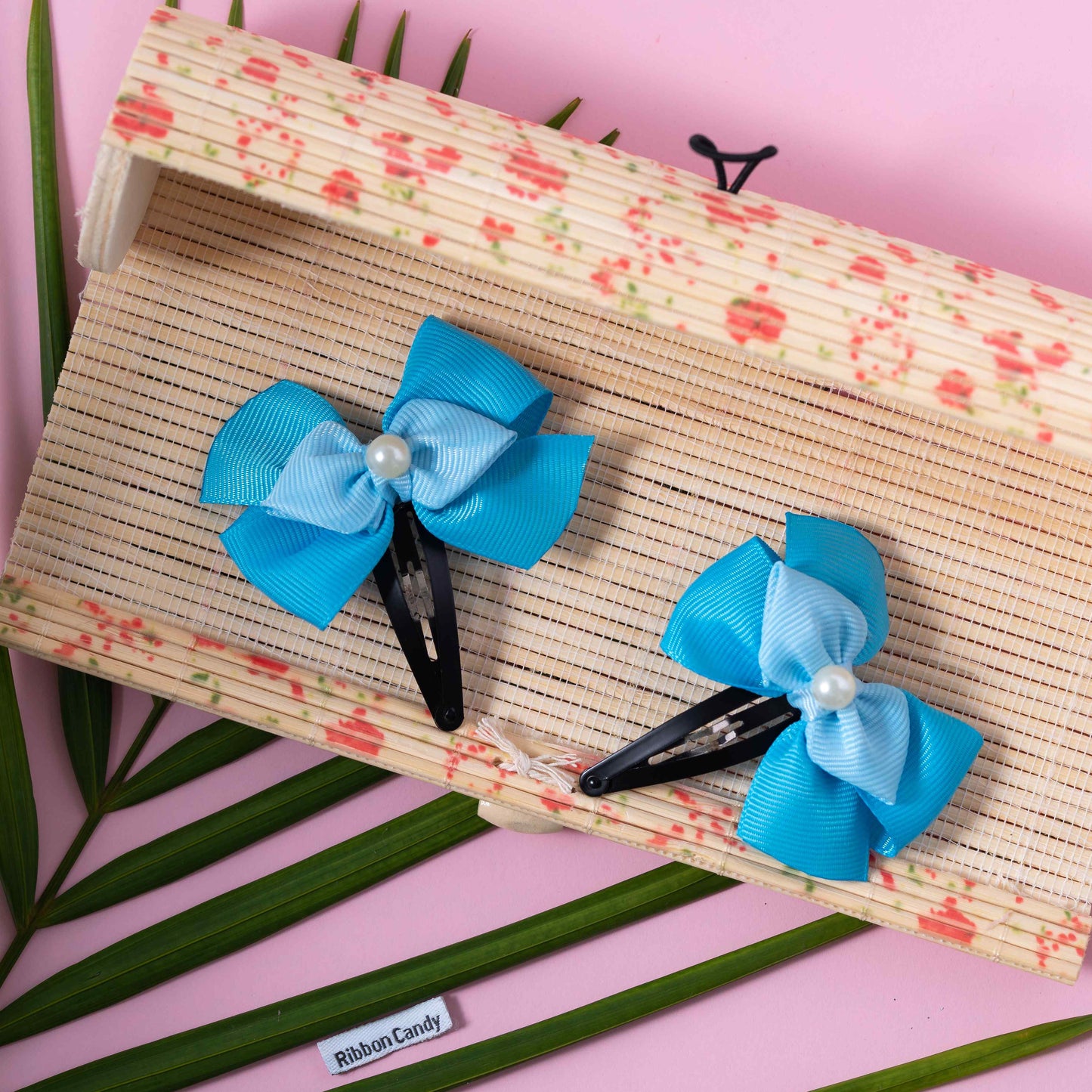 Cute Double Bow On Tic Tac With Pearl Detailing - Blue