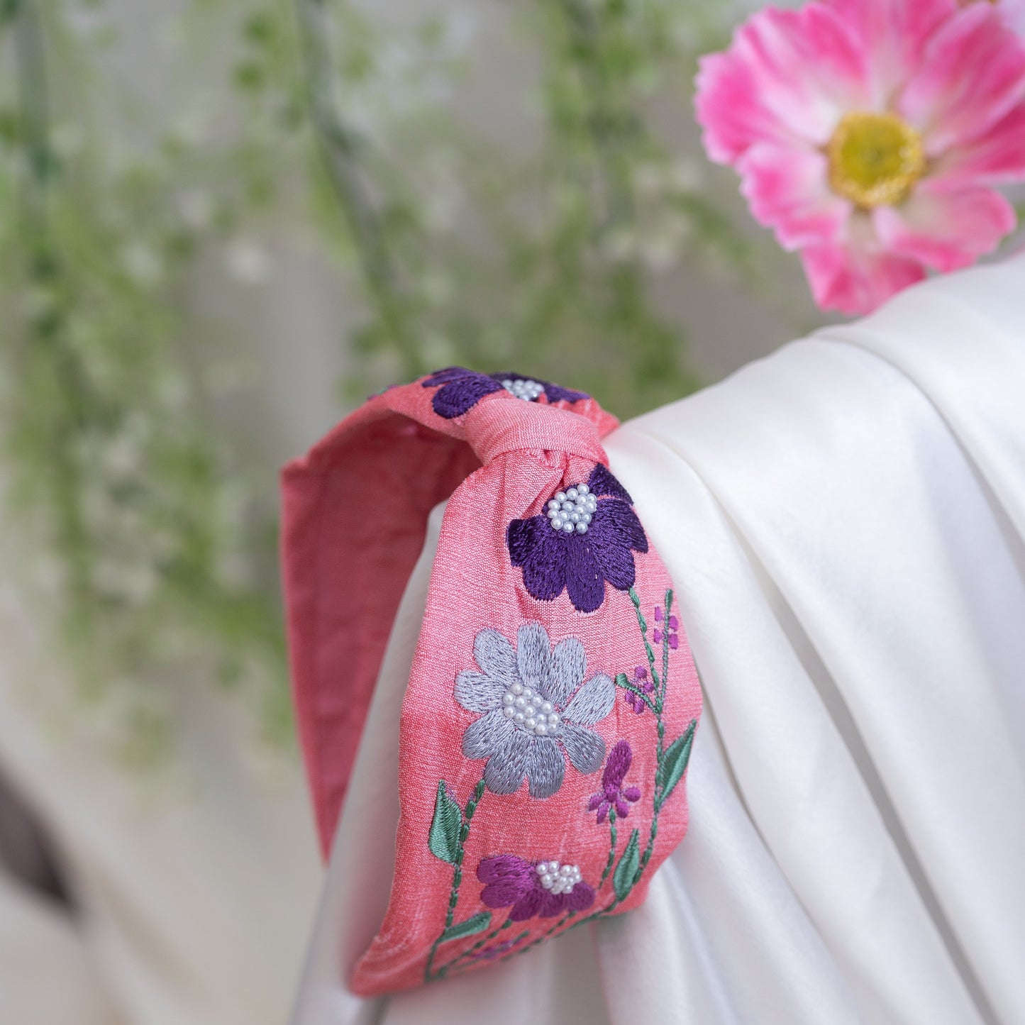 Ribbon Candy- Multicolour thread embroidered Floral Motif Hairband with Pearl Detailing- Pink