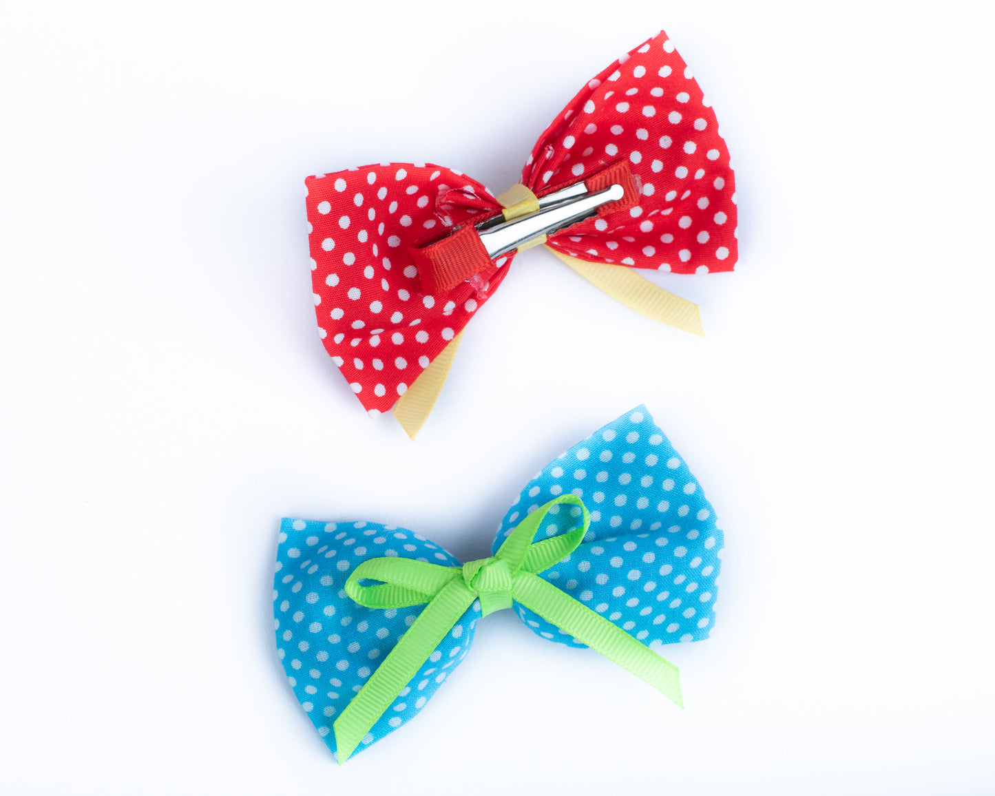 Cute Polka Dot Double Bow Alligator Clips - Red and Sky Blue
