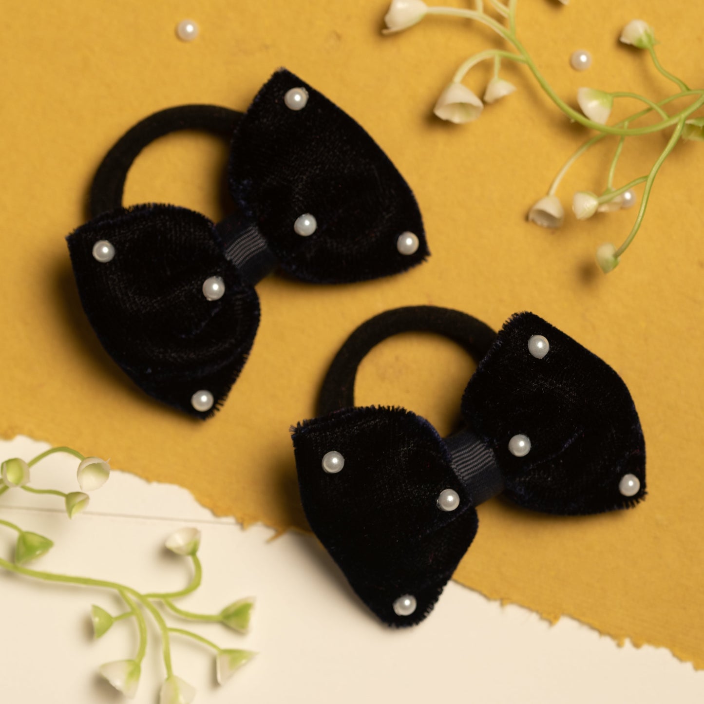 Ribbon Candy - Cute Valvet Bow With Pearl Detailing Rubber Band - Nevy Blue