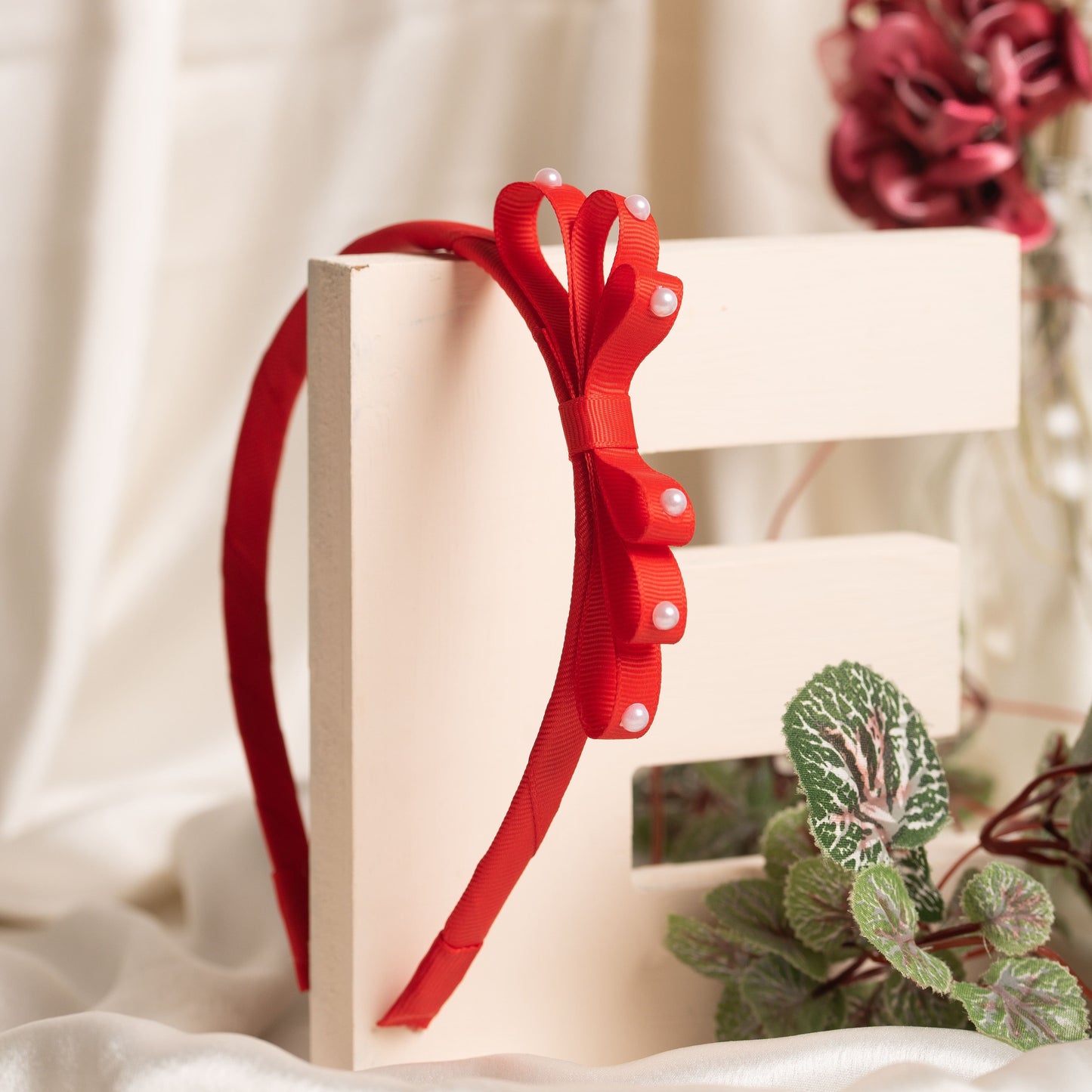 Ribbon Candy- Loopy Hairband with pearls detailing- Red