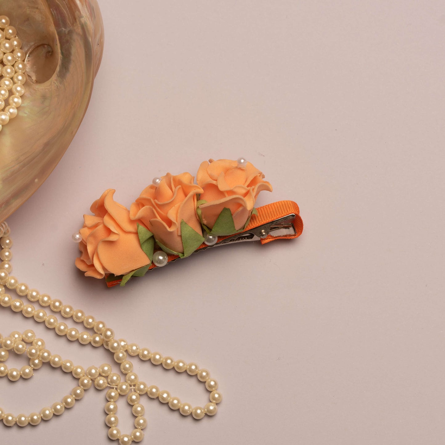 Ribbon Candy - Pearl Embellished Flowers on Alligator Hair Pin - Orange