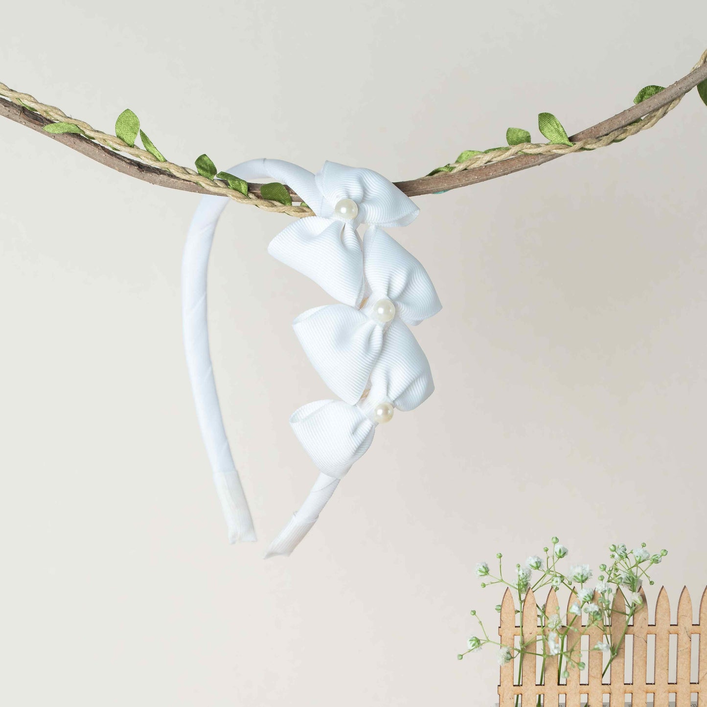 Cute Triple Grosgrain Ribbon Bow With Peal Detailed Hairband.