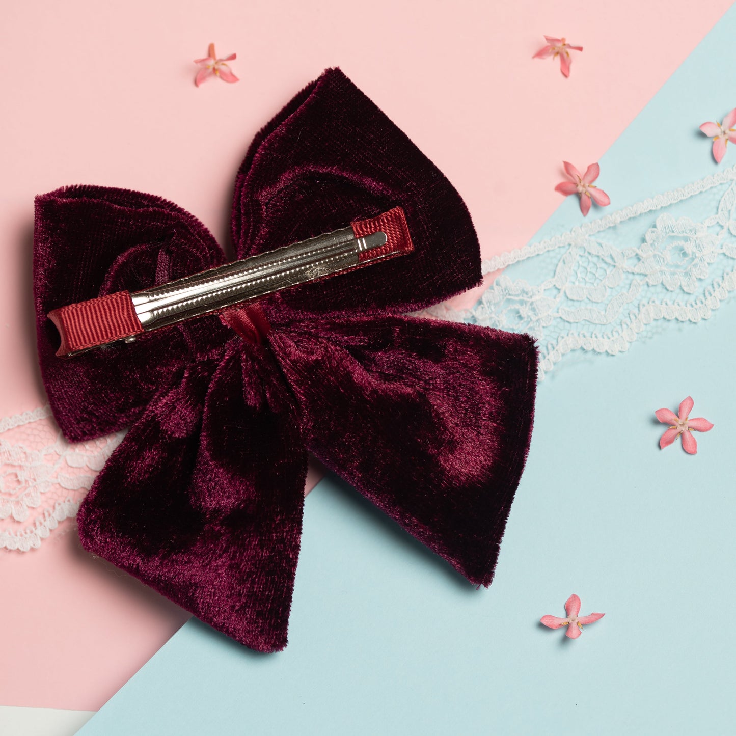 Ribbon Candy - Velvet Party Bow With Pearl Ditailing on Alligator Pin - Magenta