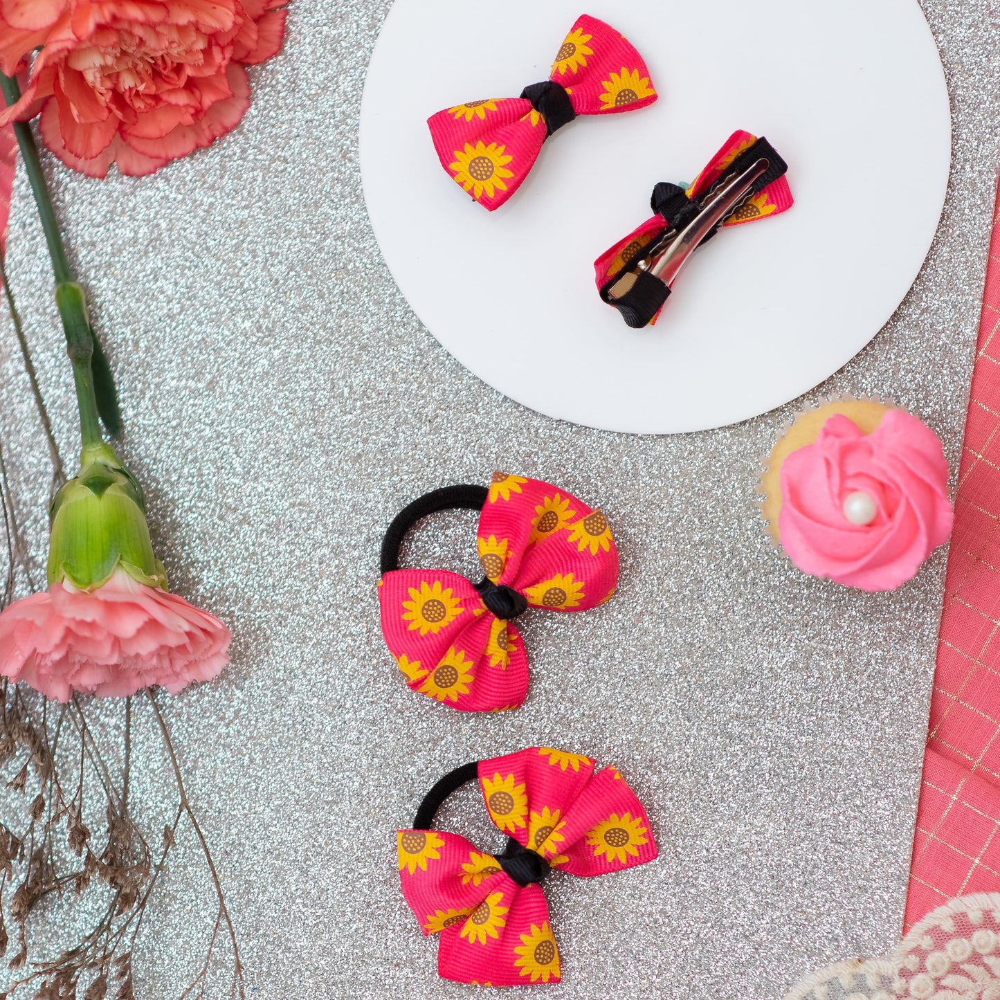 Floral printed bow on alligator clips and rubber bands- Pink (Set of 2 pairs- 4 quantity)