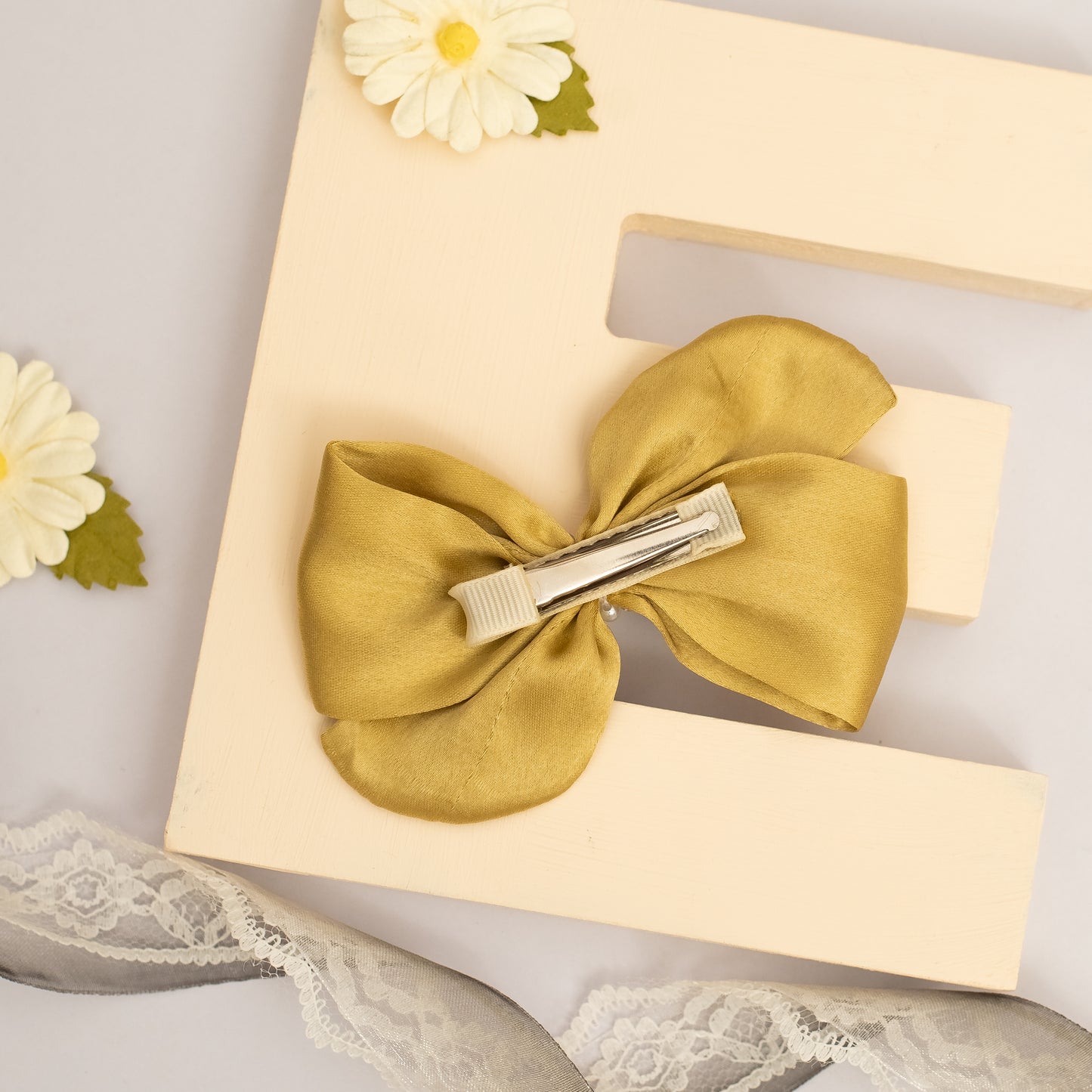 Ribbon Candy - Pearl Detailed Cute Satin Bow on Alligator clip - Ivory