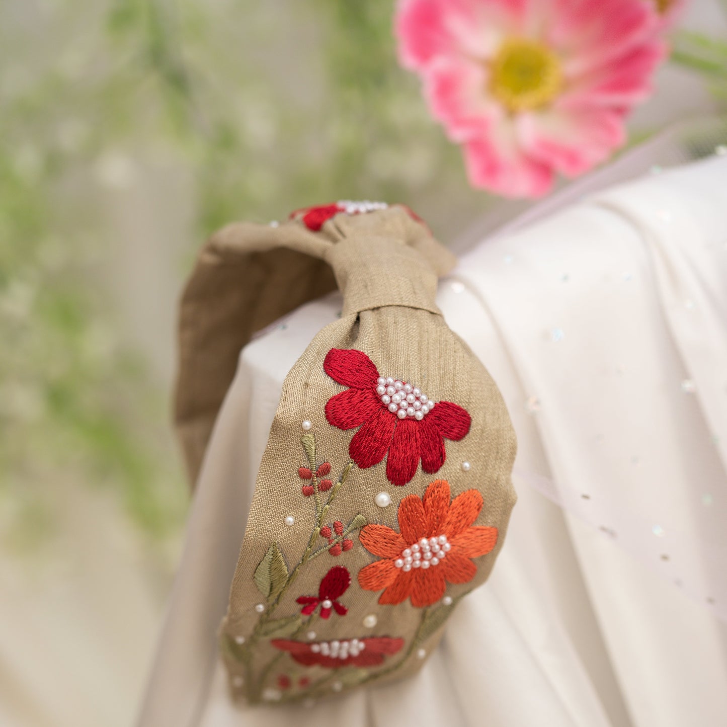 Ribbon Candy- Multicolour thread embroidered Floral Motif Hairband with Pearl Detailing- Beige and Red