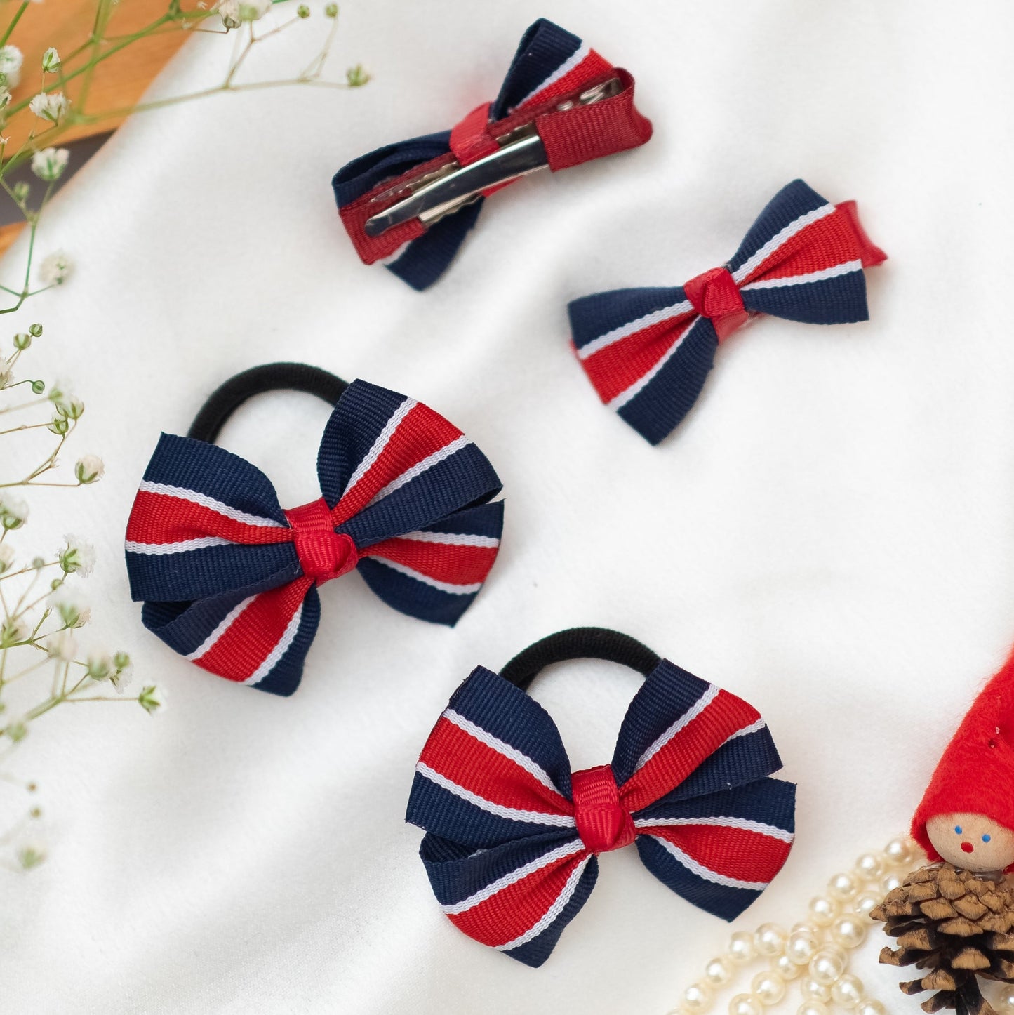 Ribbon Candy- Combo: Christmas striped bow rubberbands and alligator clips- Blue and Red (Set of 2 pairs - 4 quantity)