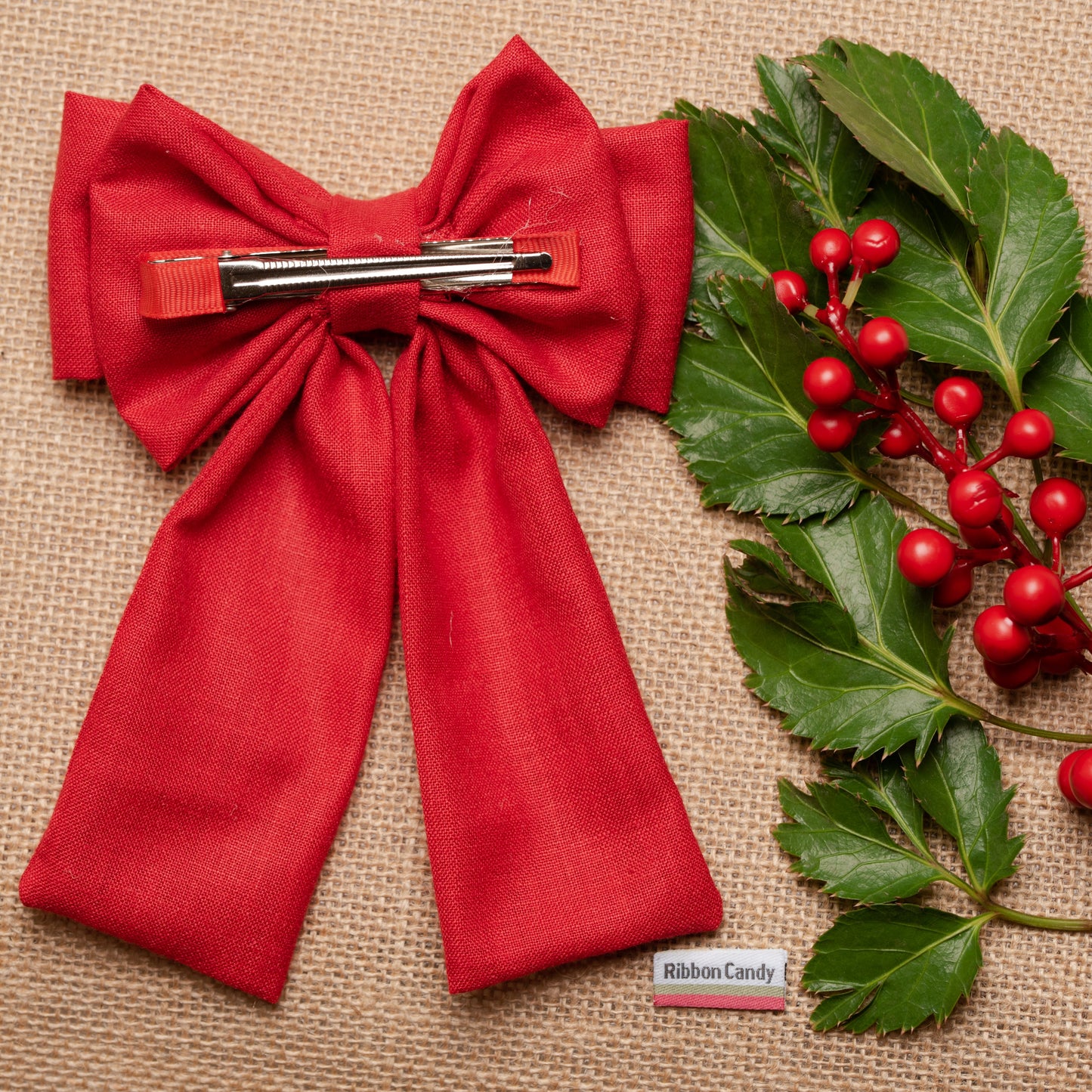 Dual Bow (Large) With Chain and Pearl Detailing on Alligator Clip - Red